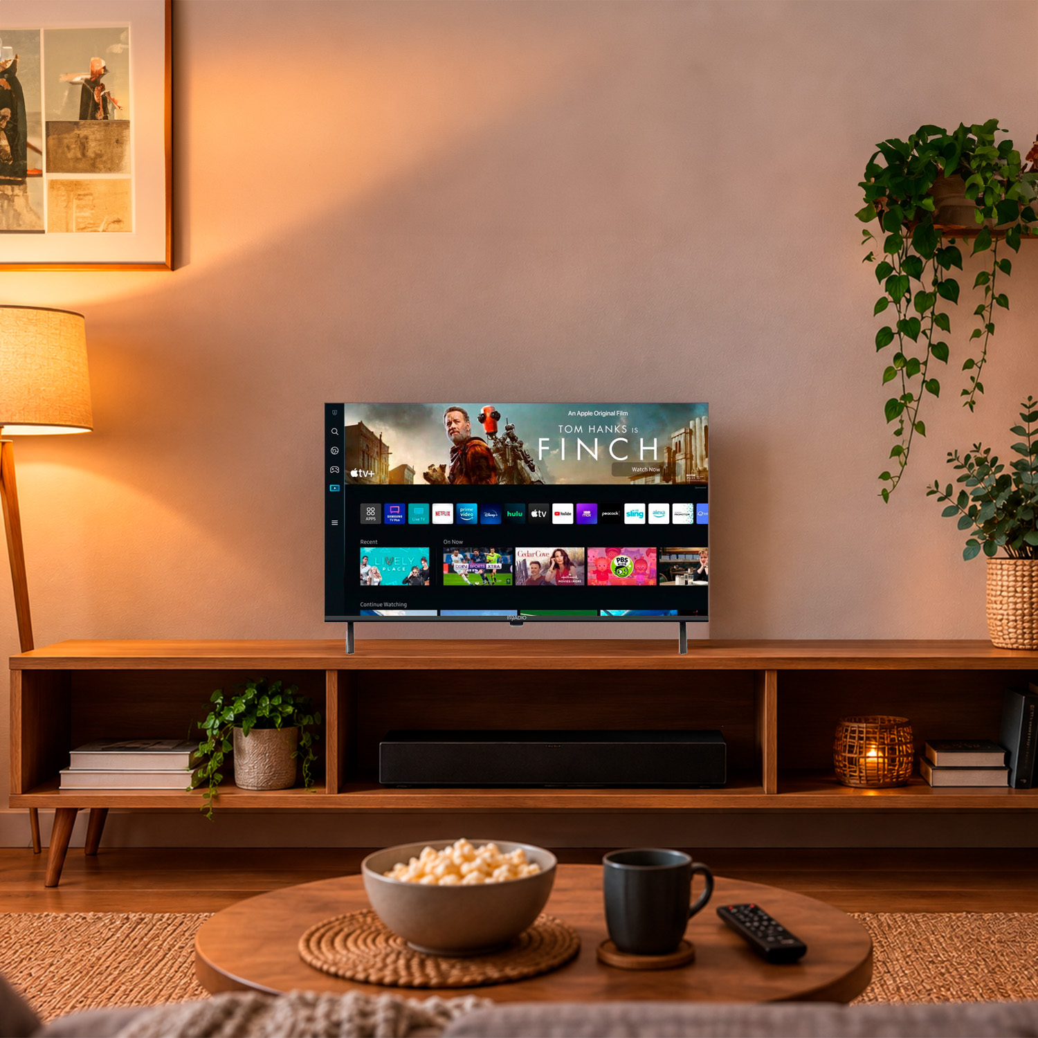 Un televisor en un mueble de madera mostrando una película, con plantas, una lámpara y una mesita con palomitas.