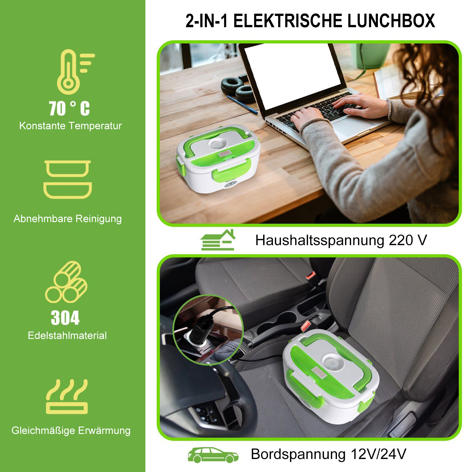 Elektrische Lunchbox mit Laptop auf Schreibtisch und im Auto, 70 Grad, 220V und 12V/24V.