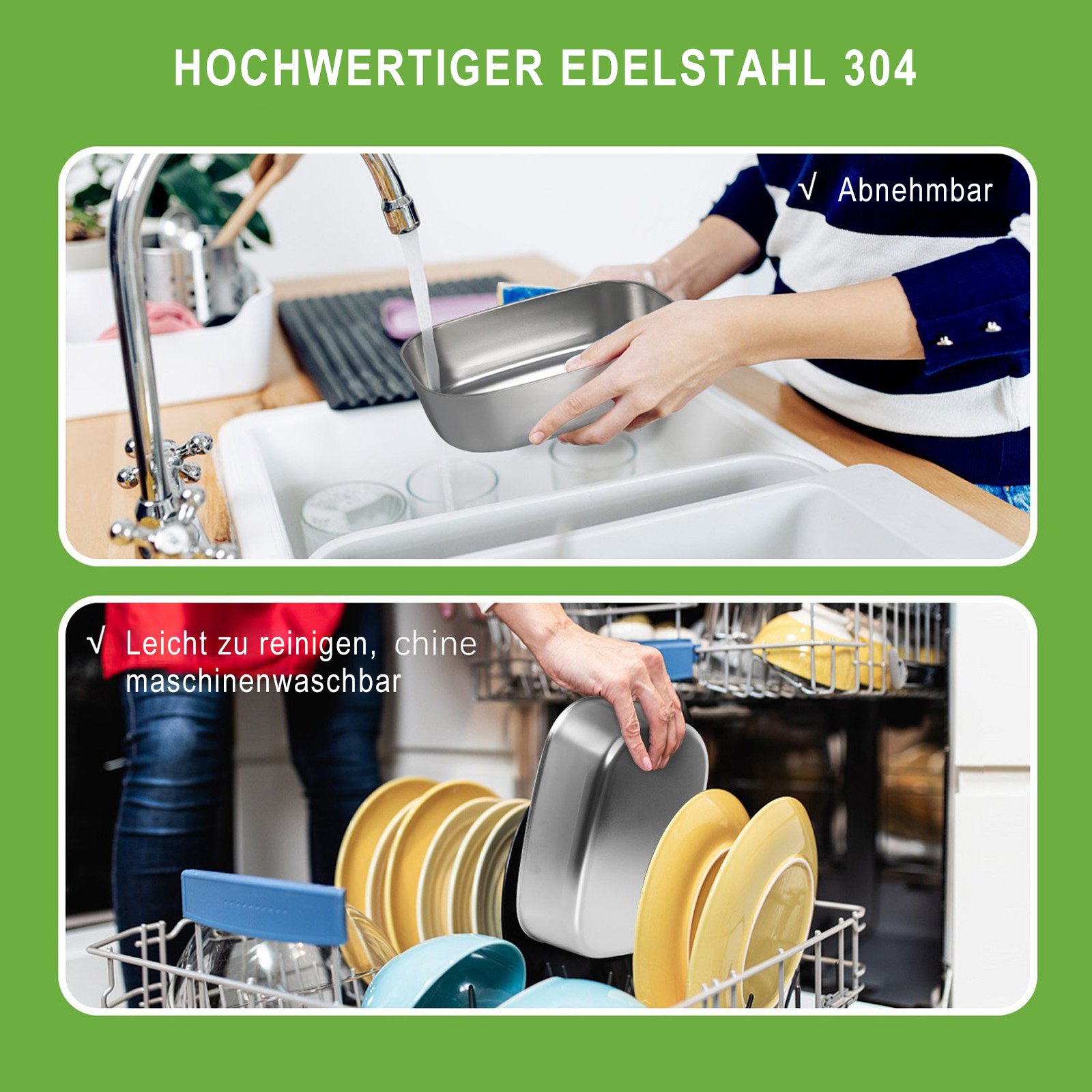 Person wäscht eine Edelstahlschüssel ab und räumt sie in die Spülmaschine.