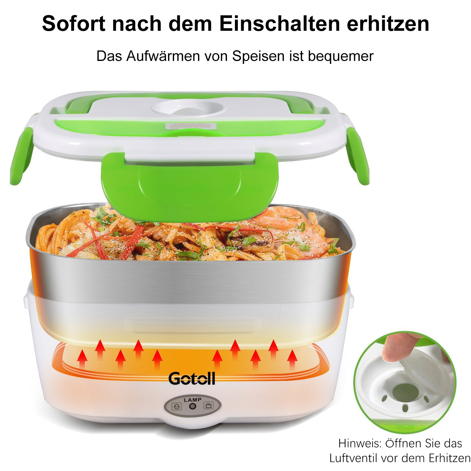 Eine elektrische Lunchbox mit offenem Deckel, gefüllt mit Nudeln und Garnelen, zeigt das Erhitzen von unten.