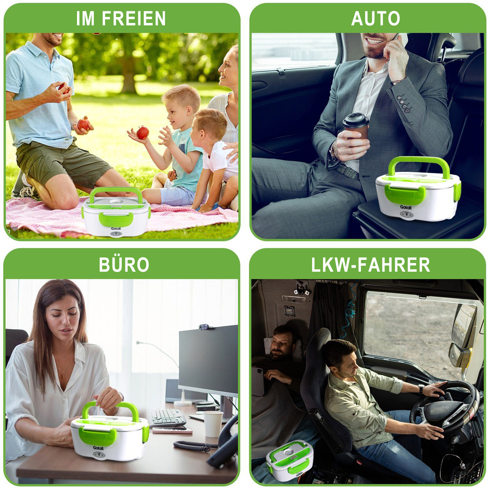 Vier Bilder zeigen eine grüne Lunchbox im Freien, im Auto, im Büro und im LKW.