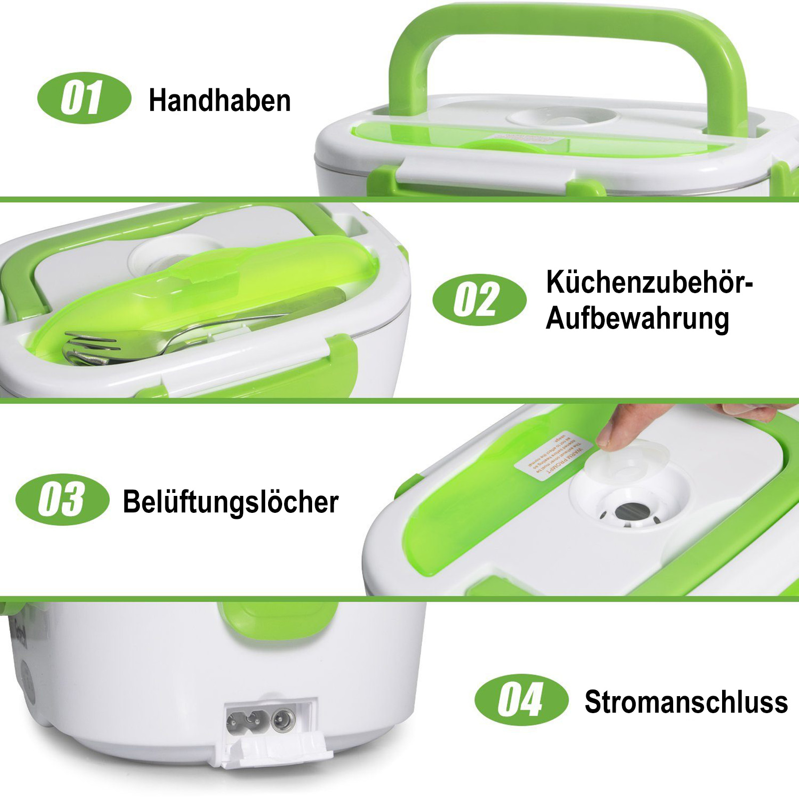 Vier Bilder zeigen Merkmale einer grün-weißen elektrischen Lunchbox: Griff, Besteckfach, Entlüftung und Stromanschluss.