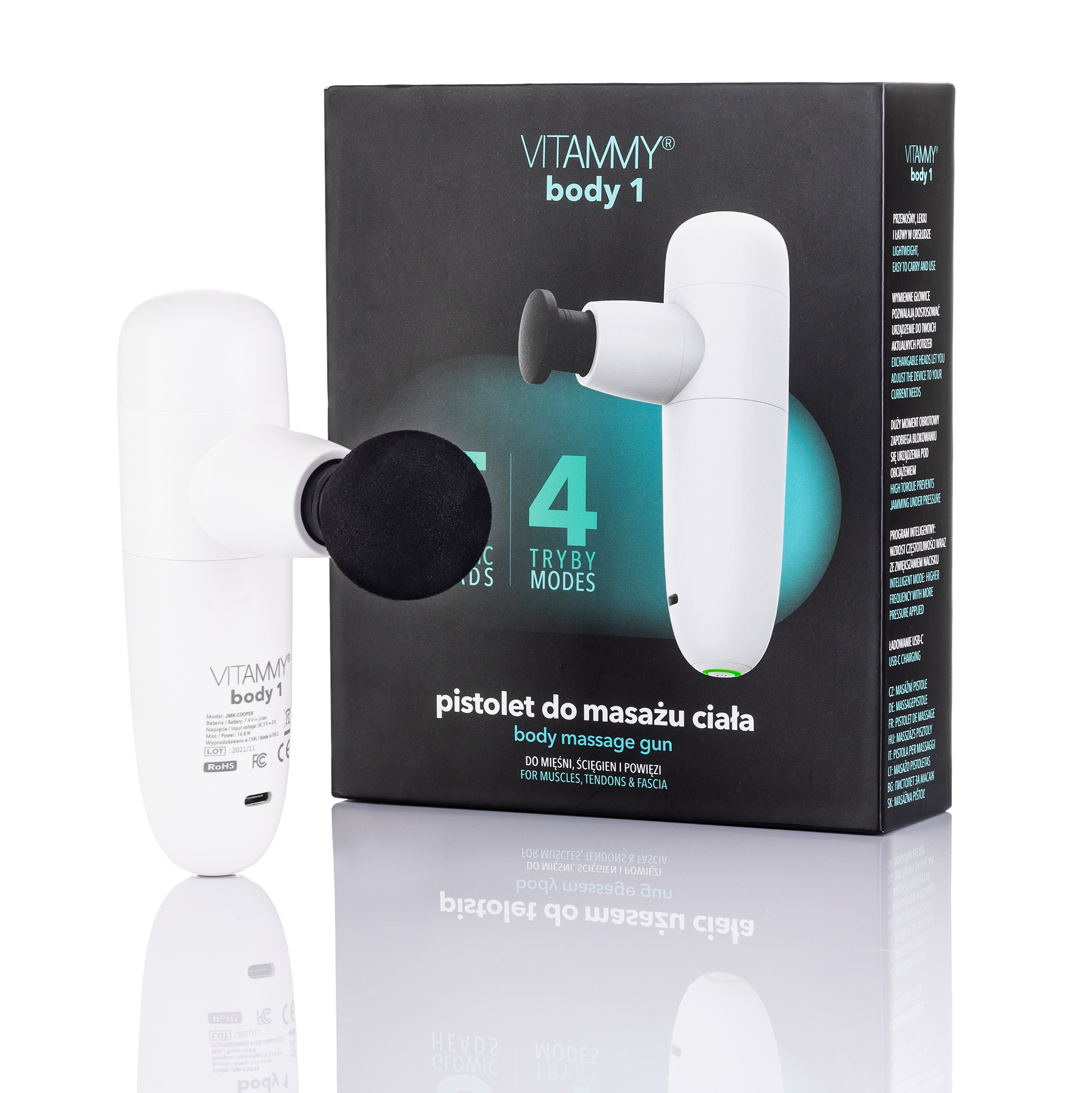 Biały pistolet do masażu Vitammy body 1 z czarną głowicą przed opakowaniem produktu na białej powierzchni.