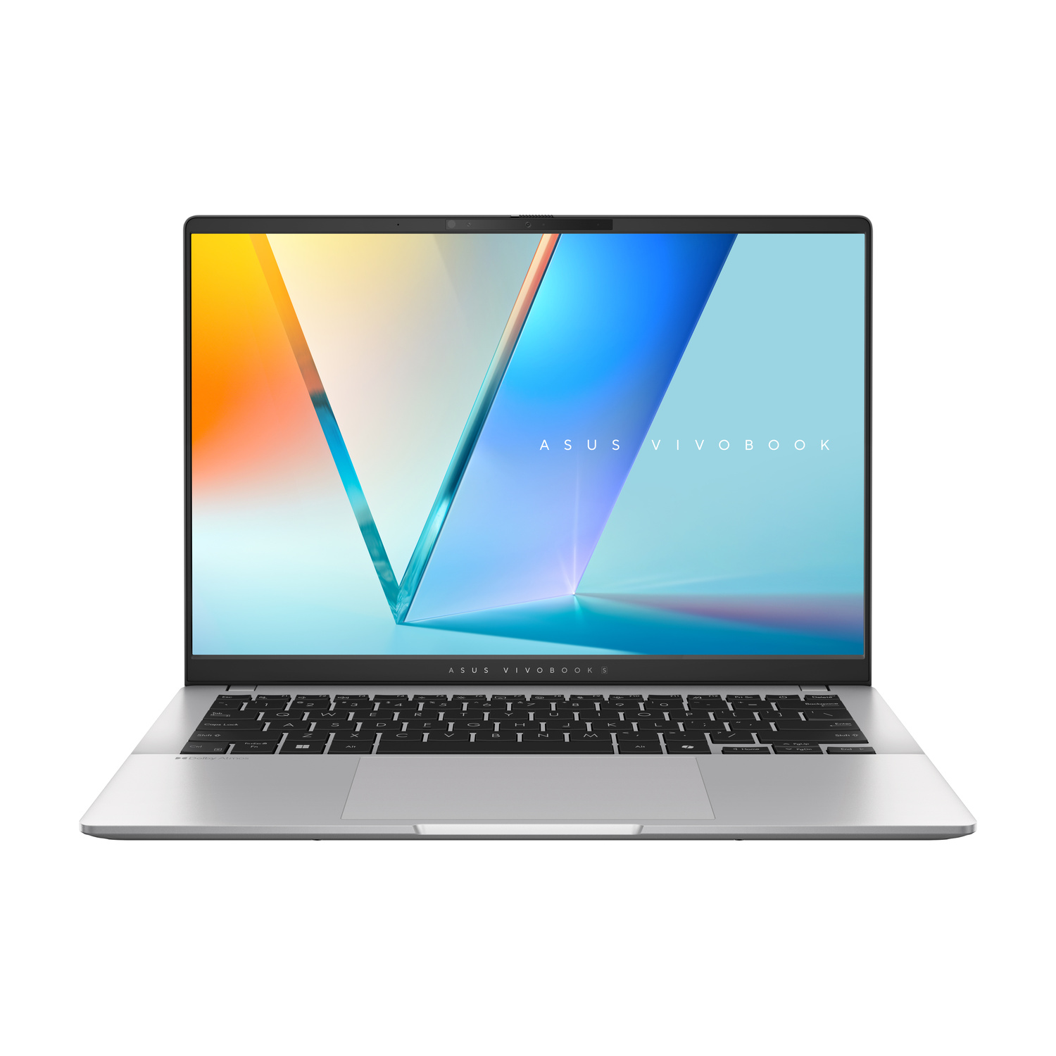 Un laptop Asus Vivobook argento aperto è mostrato su sfondo bianco, con uno sfondo astratto e colorato.