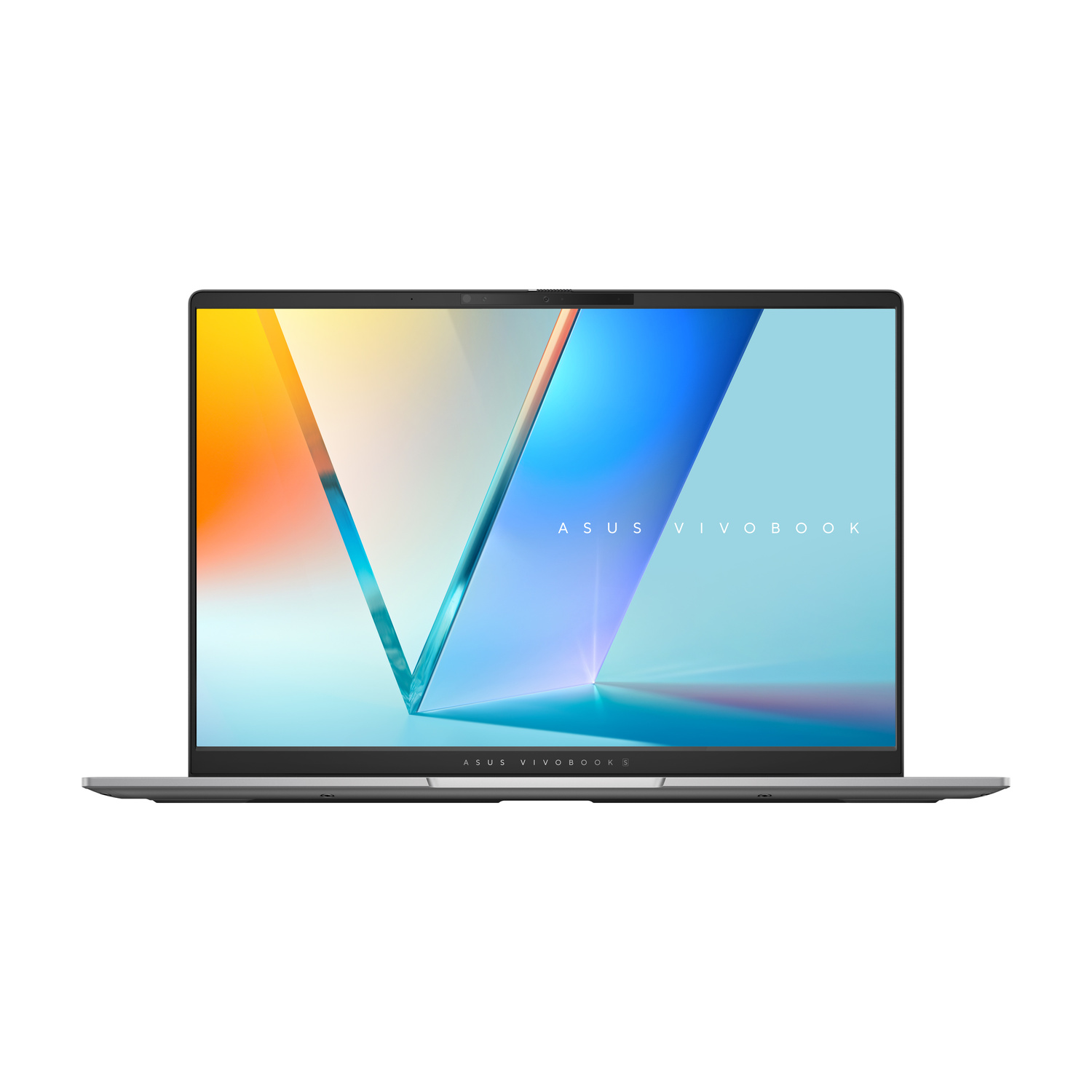 Un laptop Asus VivoBook argentato aperto mostra uno sfondo con gradiente di colore geometrico e astratto.