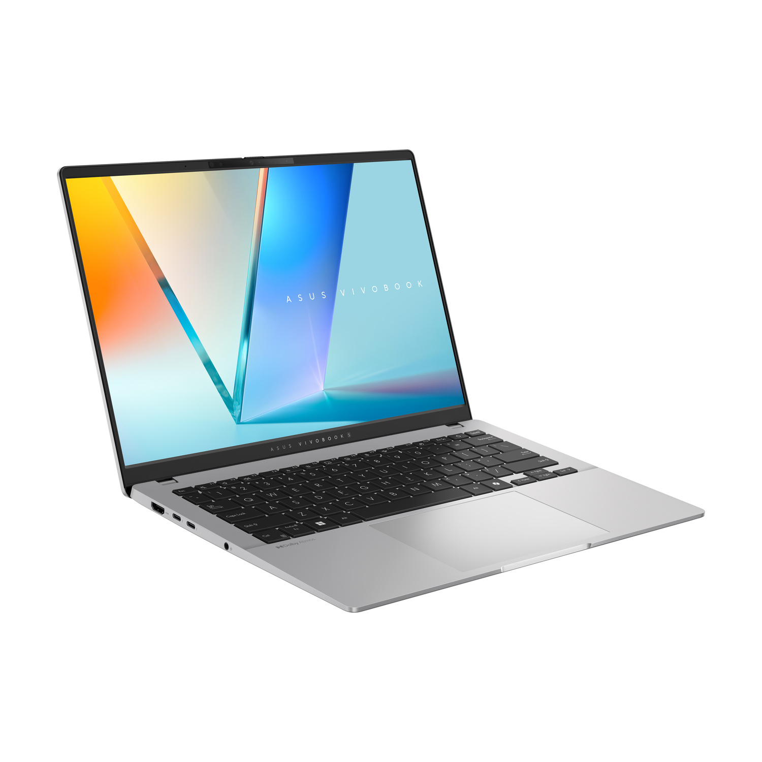 Un laptop Asus Vivobook argento è mostrato aperto su sfondo bianco, con uno sfondo dello schermo colorato.