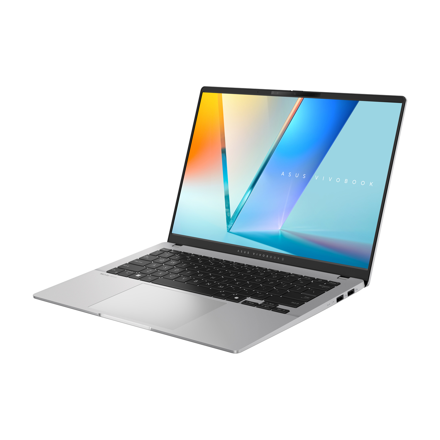 Laptop ASUS Vivobook argento con tastiera nera e sfondo colorato sullo schermo.