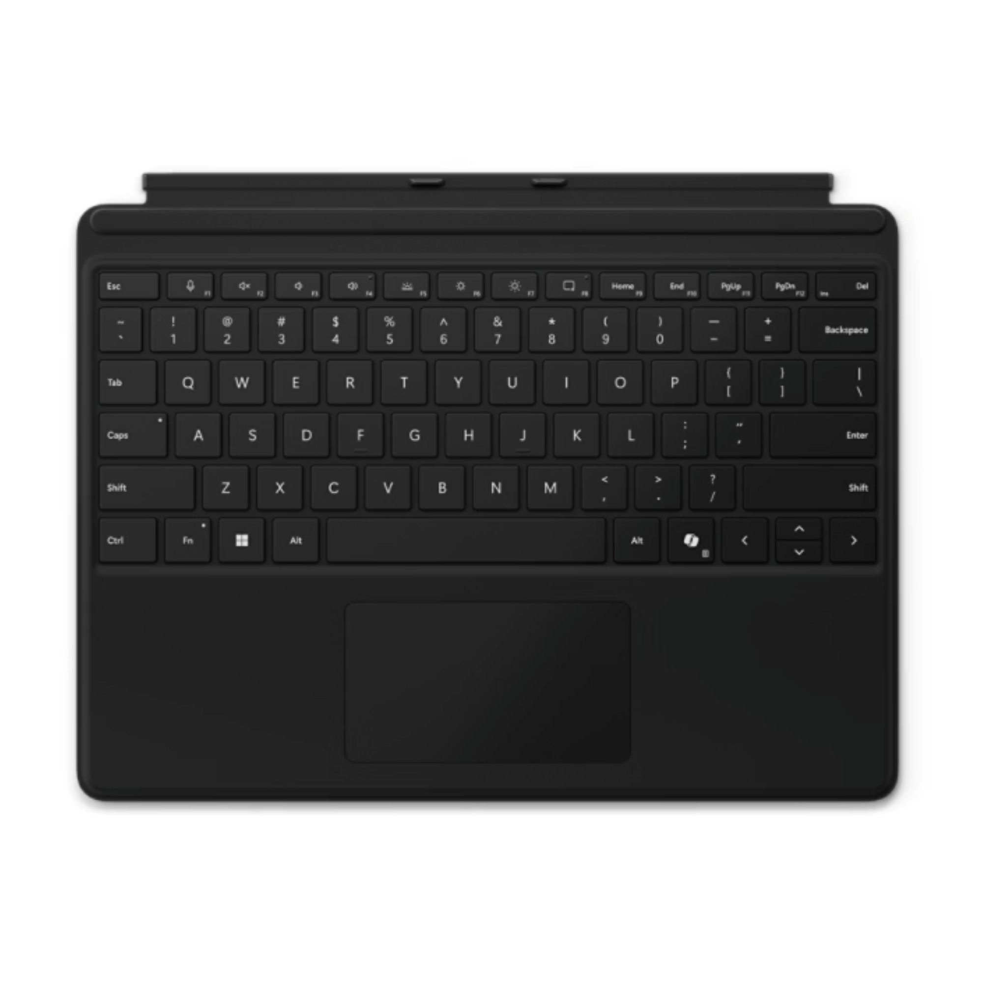 Una tastiera wireless nera con touchpad su sfondo bianco.