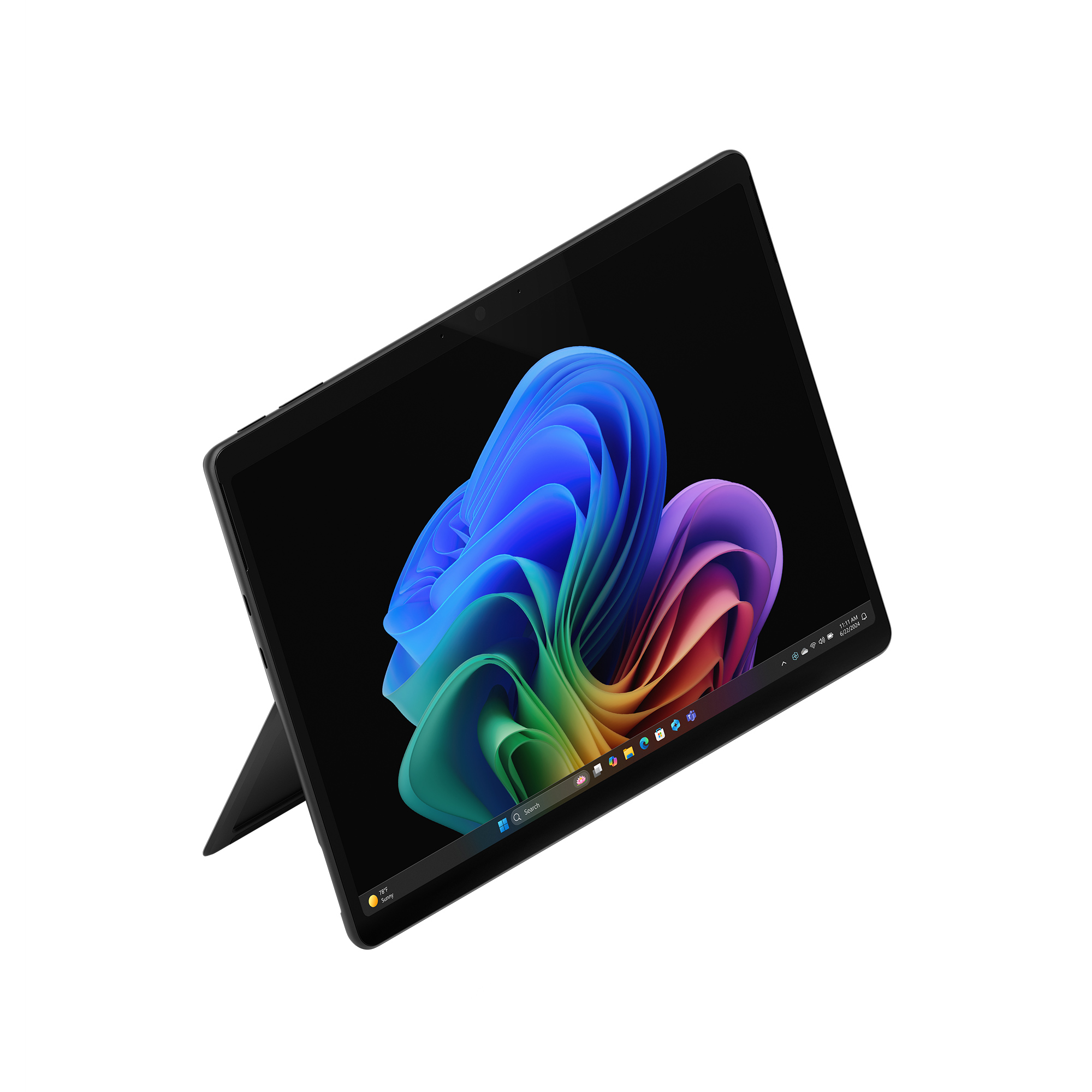 Un tablet nero in piedi su sfondo bianco, con uno sfondo astratto e colorato.