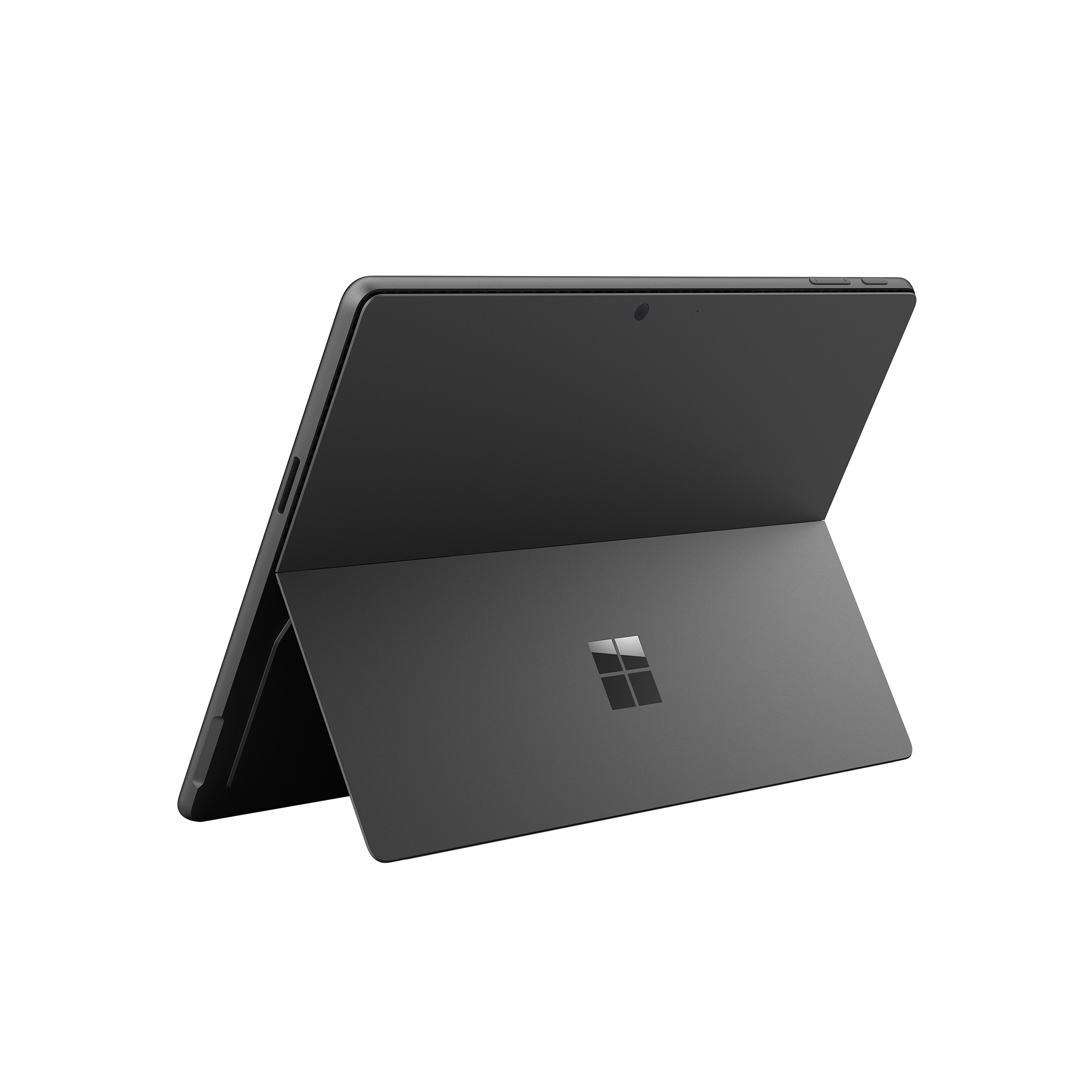 Un tablet Microsoft Surface nero visto da dietro, appoggiato sul suo supporto integrato su sfondo bianco.