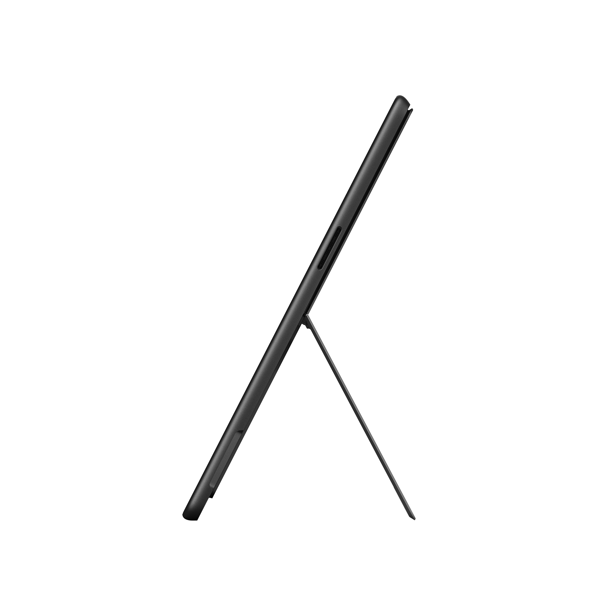 Vista laterale di un tablet nero con supporto integrato che lo tiene in posizione verticale.