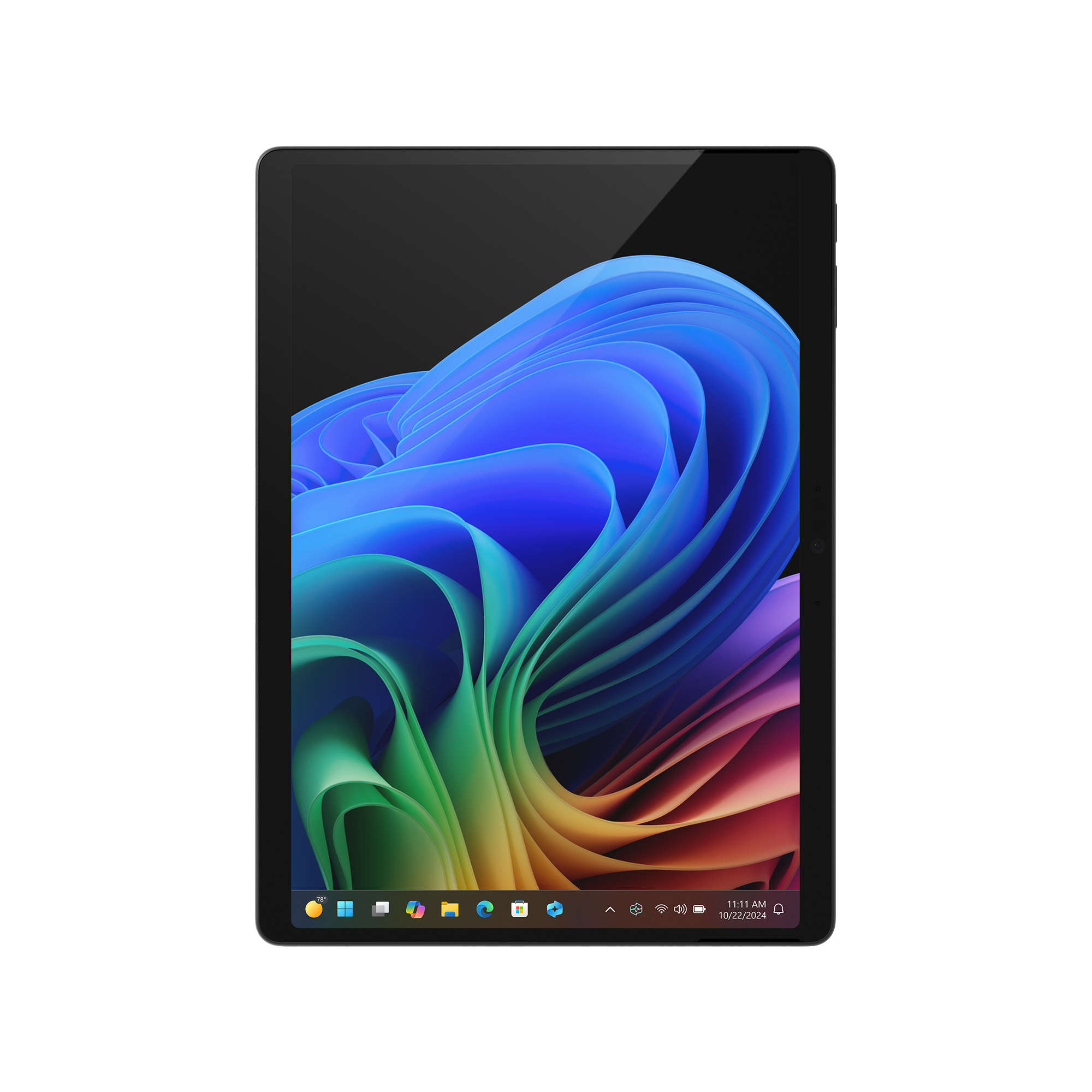 Un tablet nero mostra uno sfondo astratto e colorato a onde e una barra delle applicazioni.