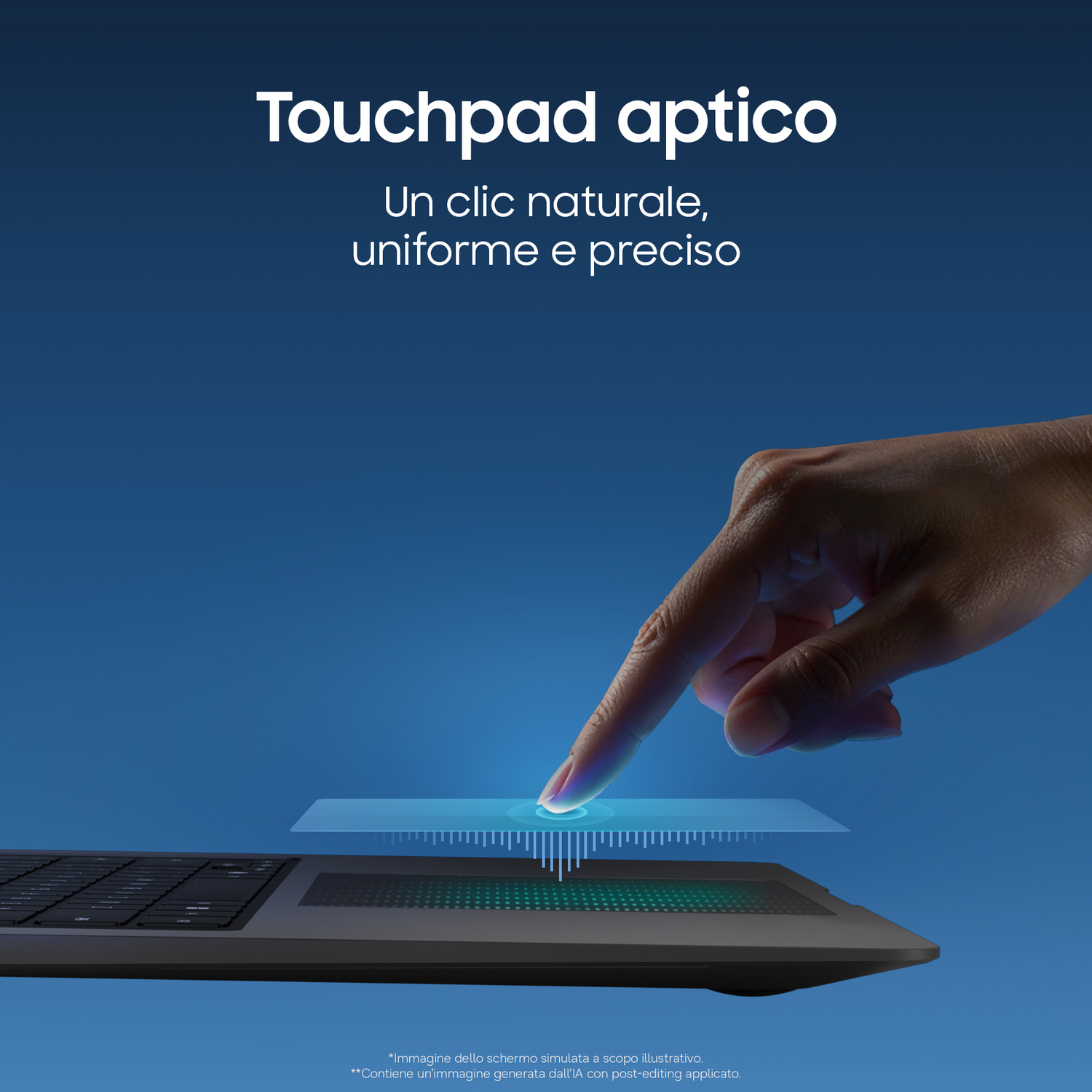 Una mano tocca il touchpad aptico di un computer portatile su sfondo blu.