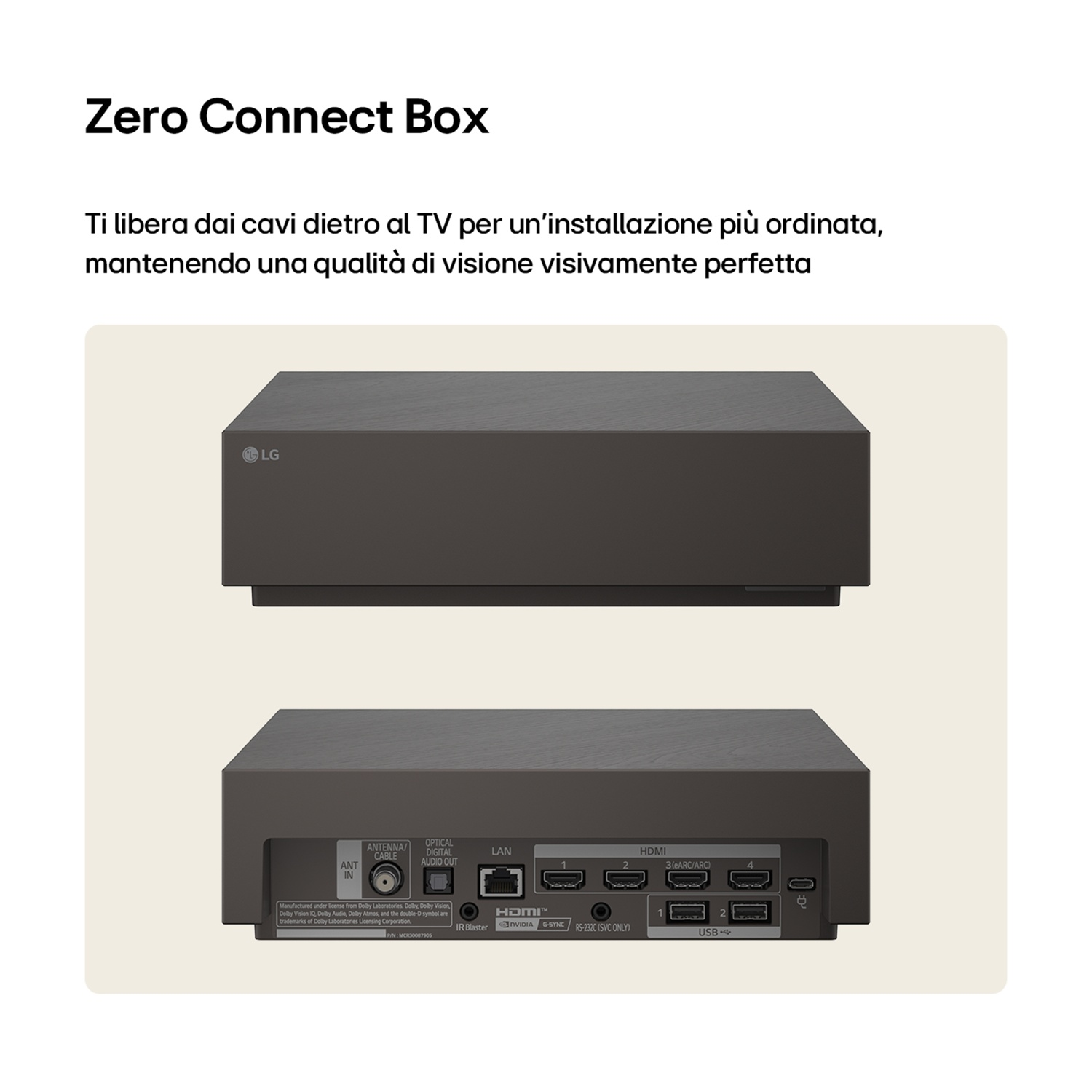 Box LG Zero Connect che mostra le viste anteriore e posteriore con porte HDMI e LAN.