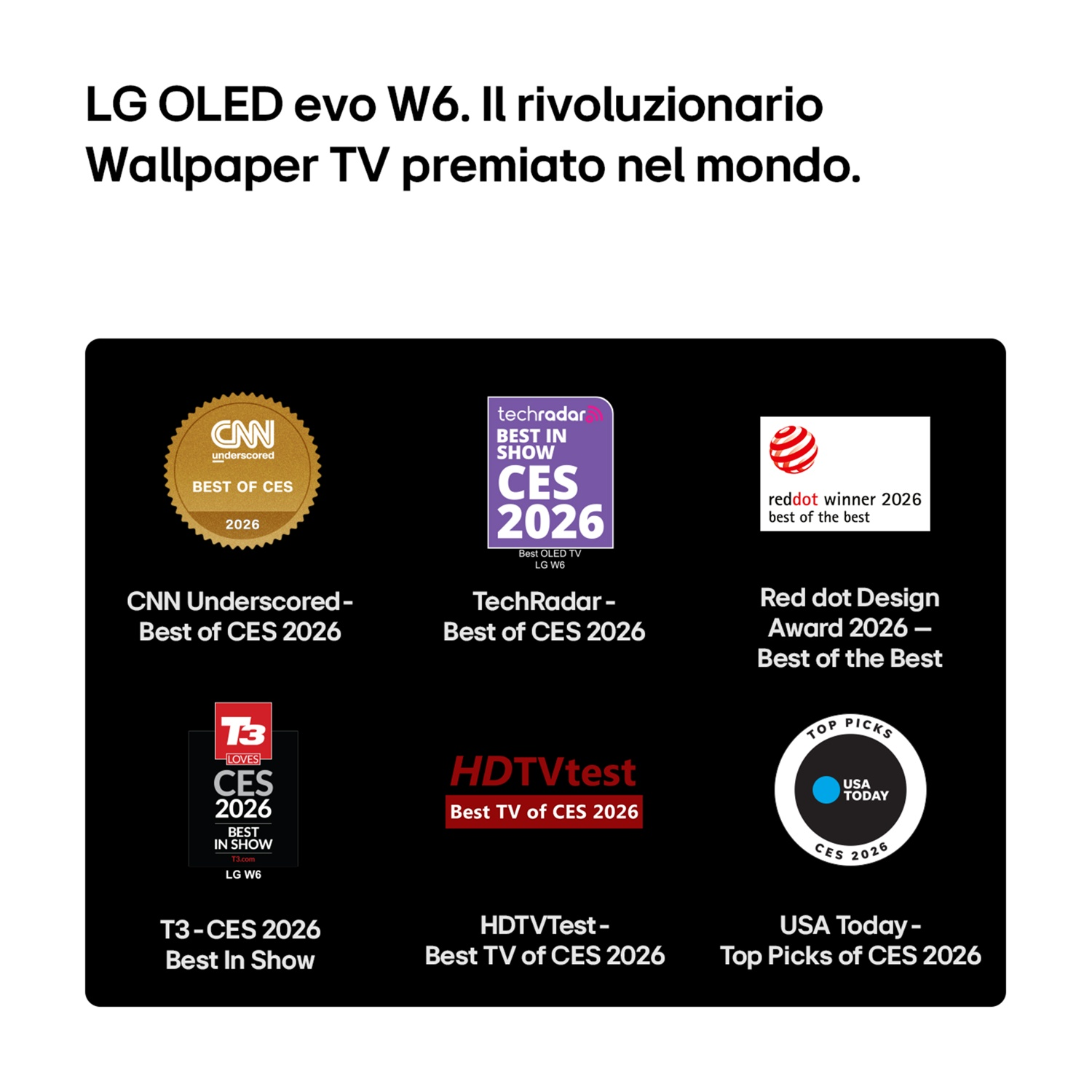 LG OLED evo W6 Wallpaper TV con sei premi e loghi del CES 2026.