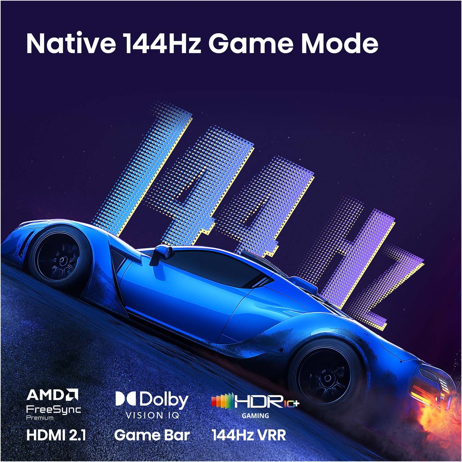 Un'auto sportiva blu derapa su una pista con grande scritta 144Hz e loghi di gioco.