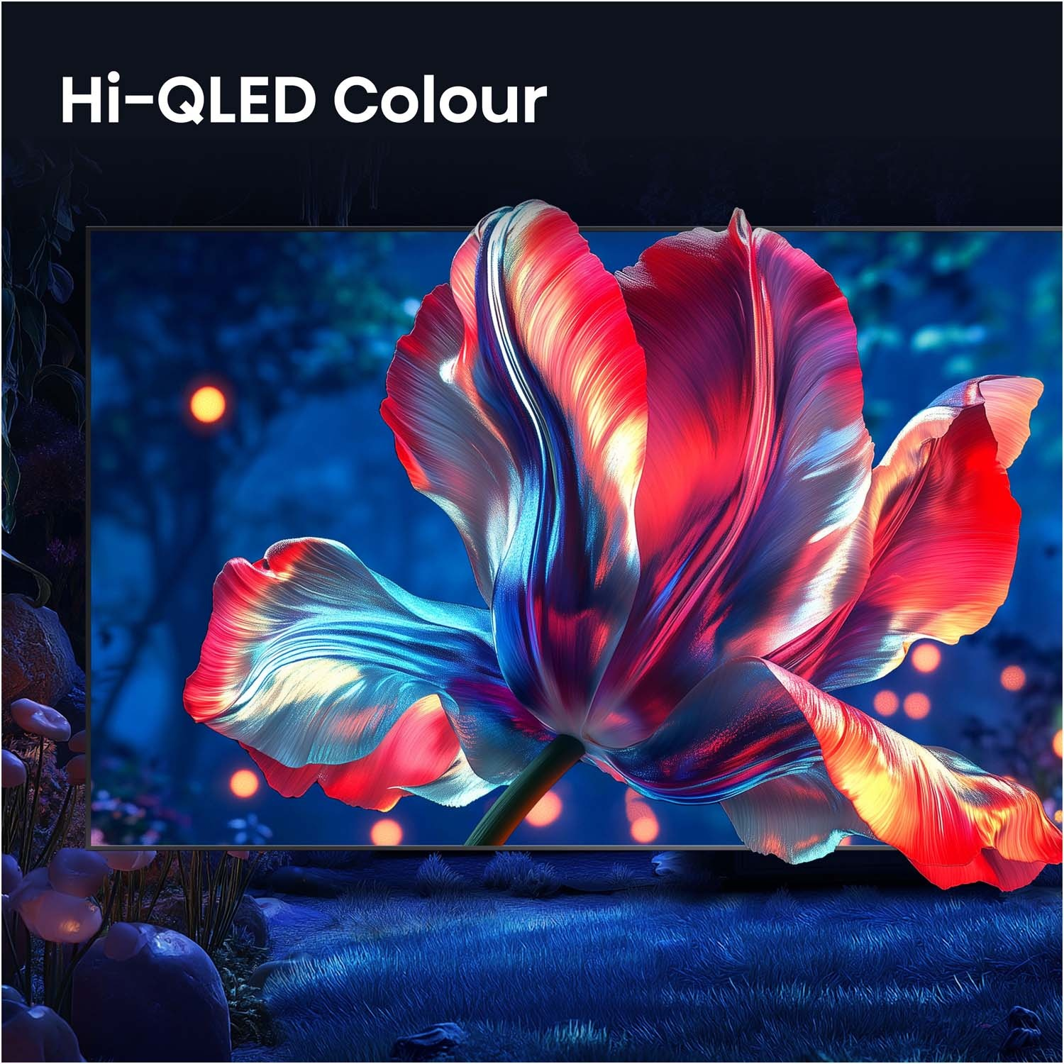 Un vivace fiore rosso e blu su uno schermo TV con la scritta Hi-QLED Colour in alto.
