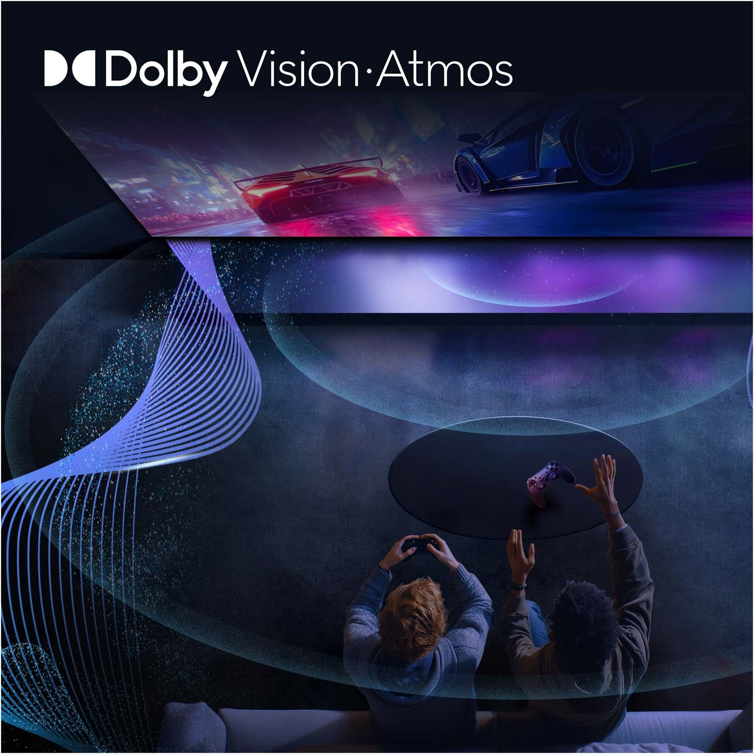 Due persone giocano davanti a un grande schermo Dolby Vision Atmos con onde sonore surround visive.