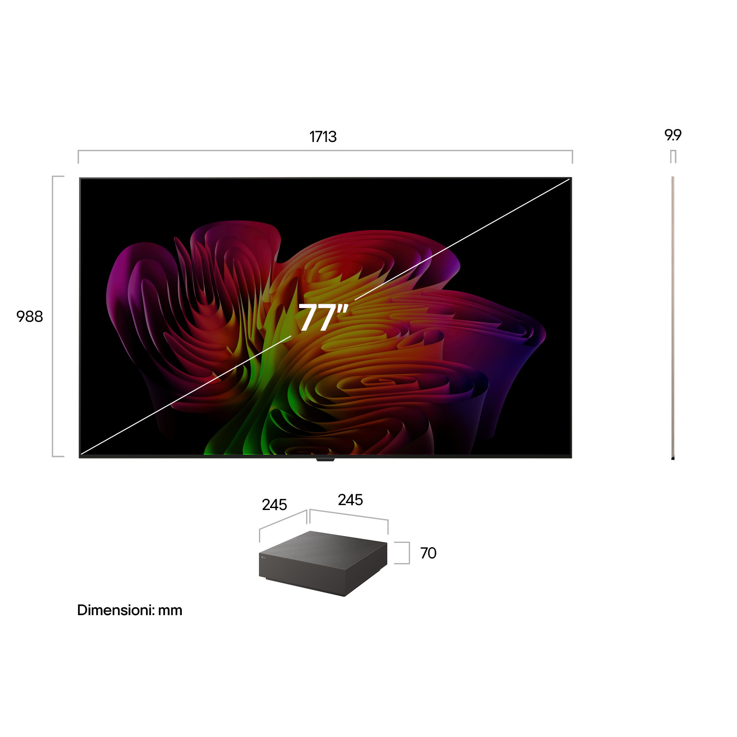 Disegno tecnico di un TV da 77 pollici con dimensioni in mm, larghezza 1713, altezza 988, profondità 9.9 e box.