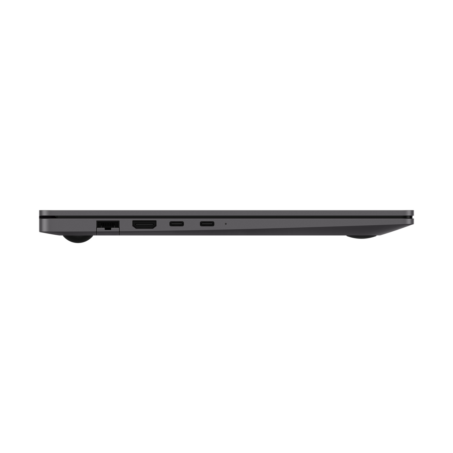 Vista laterale di un laptop scuro che mostra varie porte come HDMI, Ethernet e USB-C su sfondo bianco.