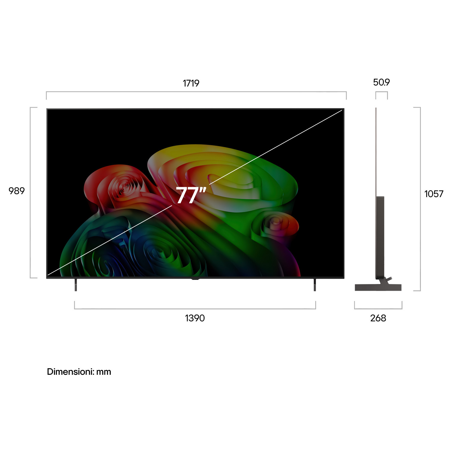 Disegno tecnico di un televisore da 77 pollici con dimensioni in millimetri.