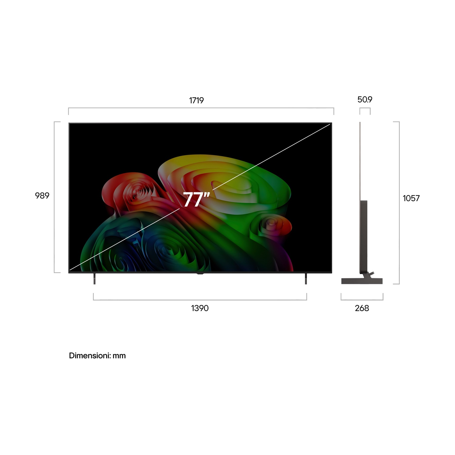 Il diagramma mostra le dimensioni di un televisore da 77 pollici in millimetri.