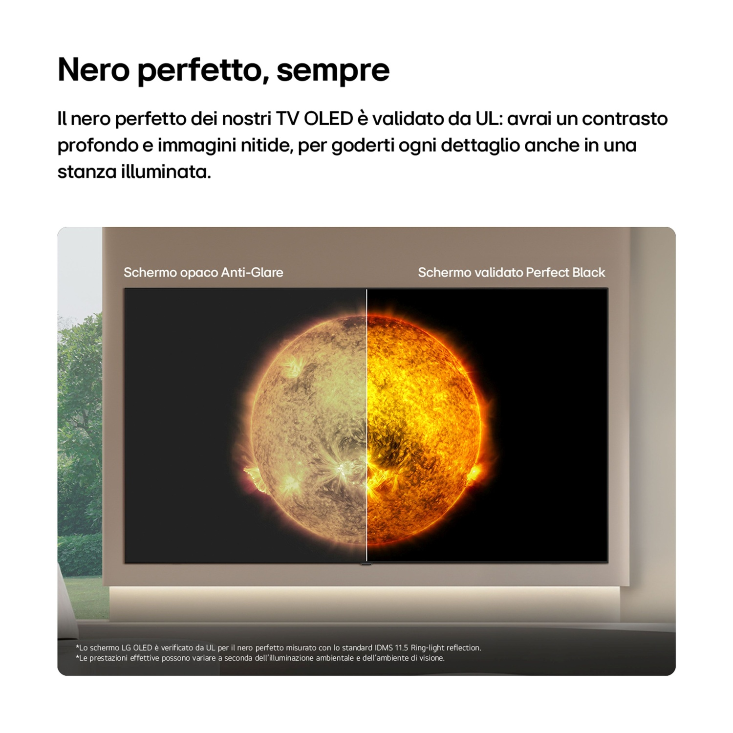 Confronto tra schermi TV antiriflesso e nero perfetto che mostrano il sole, con testo in italiano.
