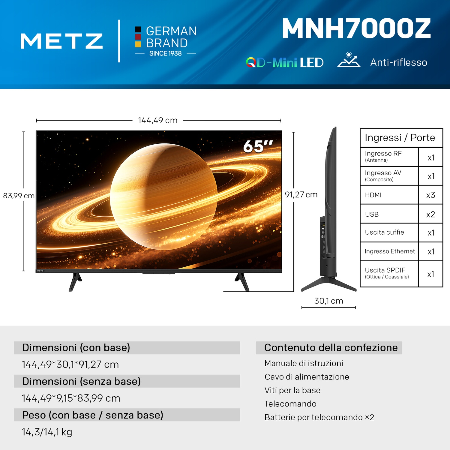 Specifiche tecniche e dimensioni del TV Metz MNH7000Z da 65 pollici con porte e contenuti.