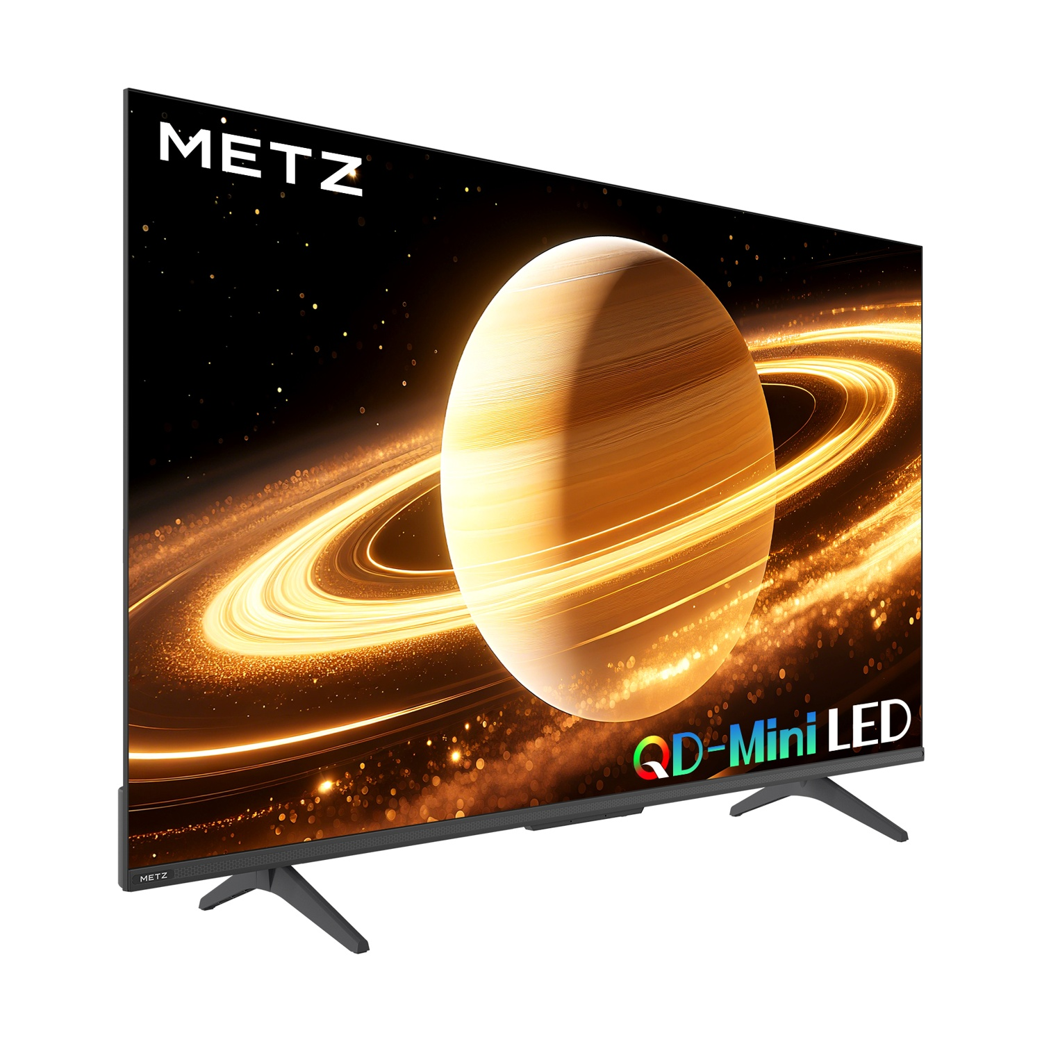 Un televisore Metz QD-Mini LED mostra un pianeta con anelli su sfondo stellato.