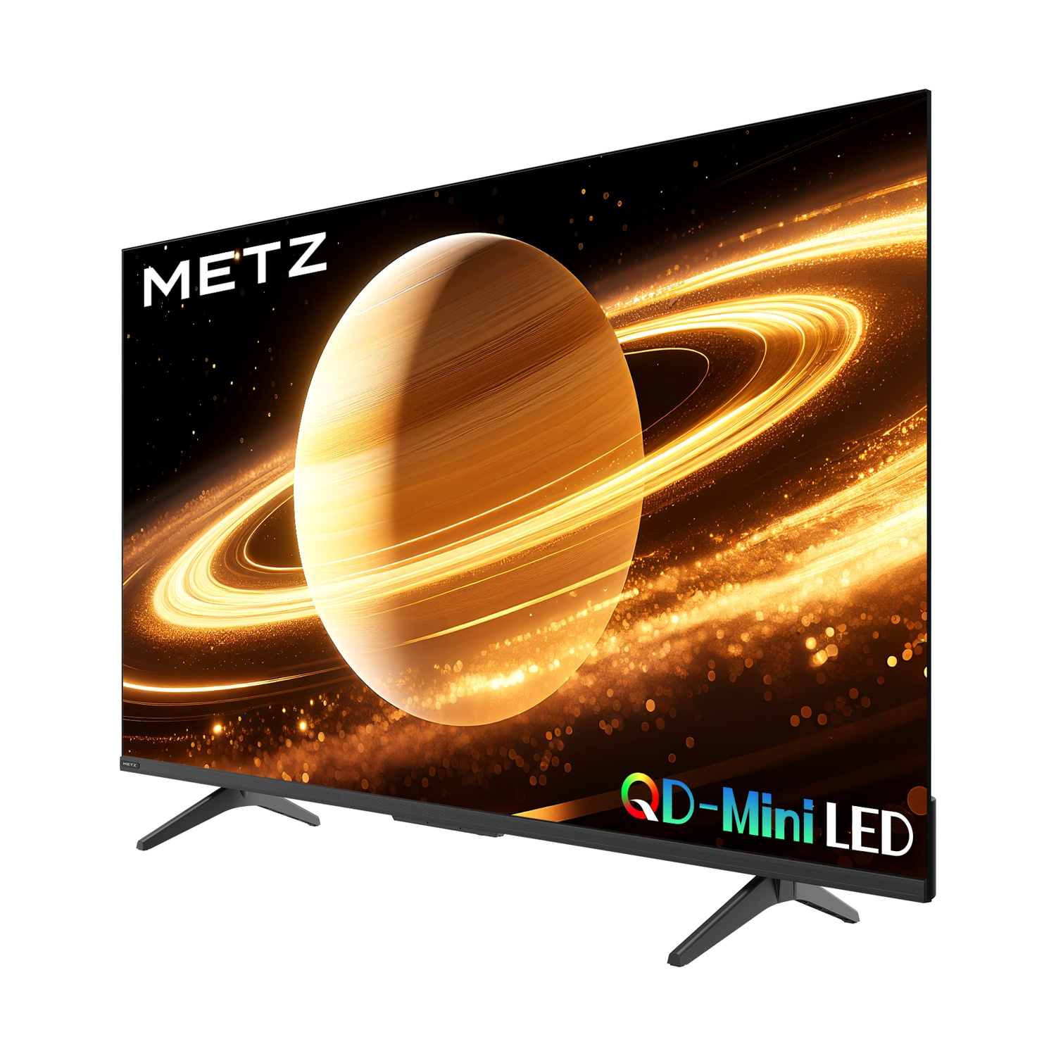 Una TV Metz QD-Mini LED mostra l'immagine di un pianeta simile a Saturno con anelli e particelle di luce dorata.