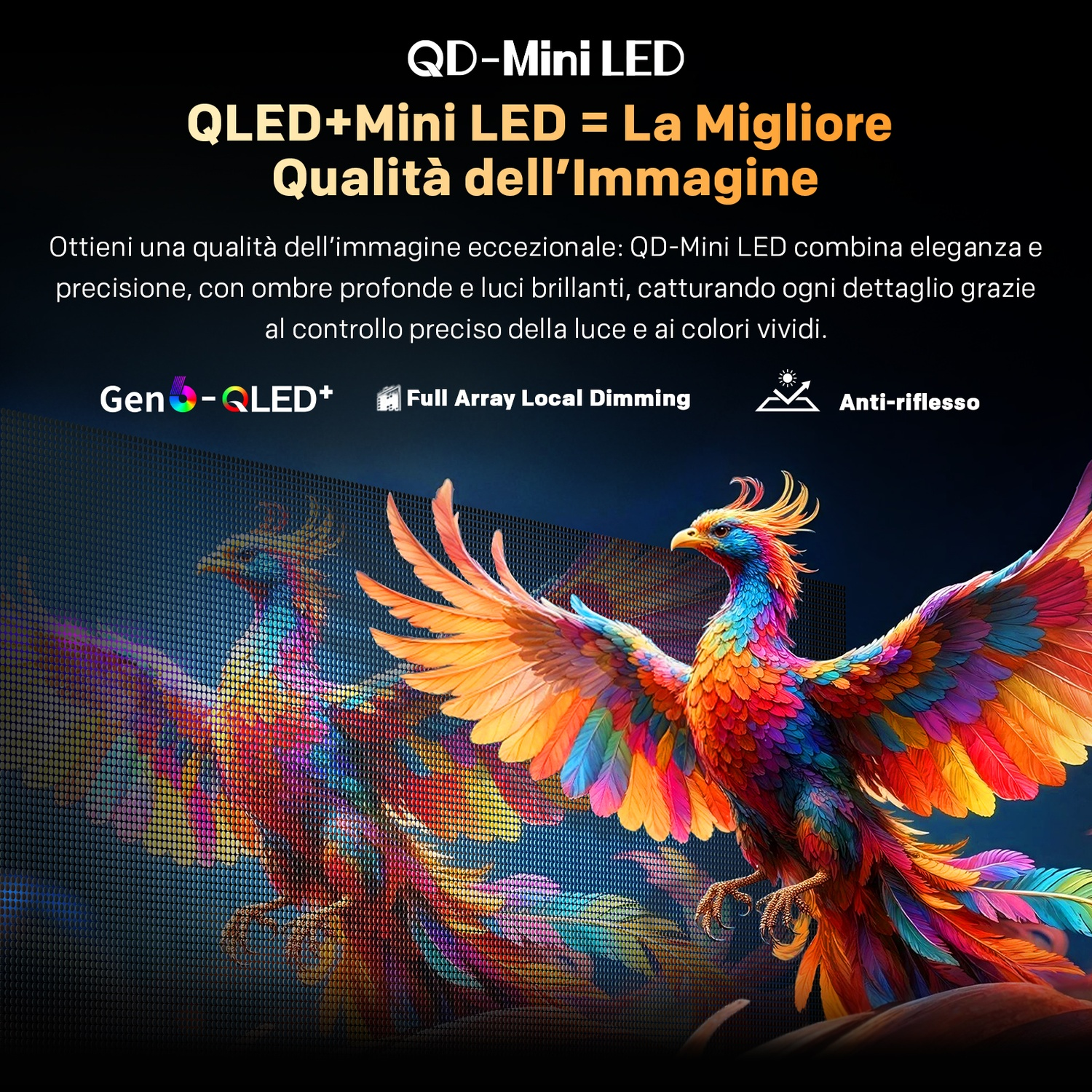 Immagine di una fenice colorata su uno schermo LED con testo.