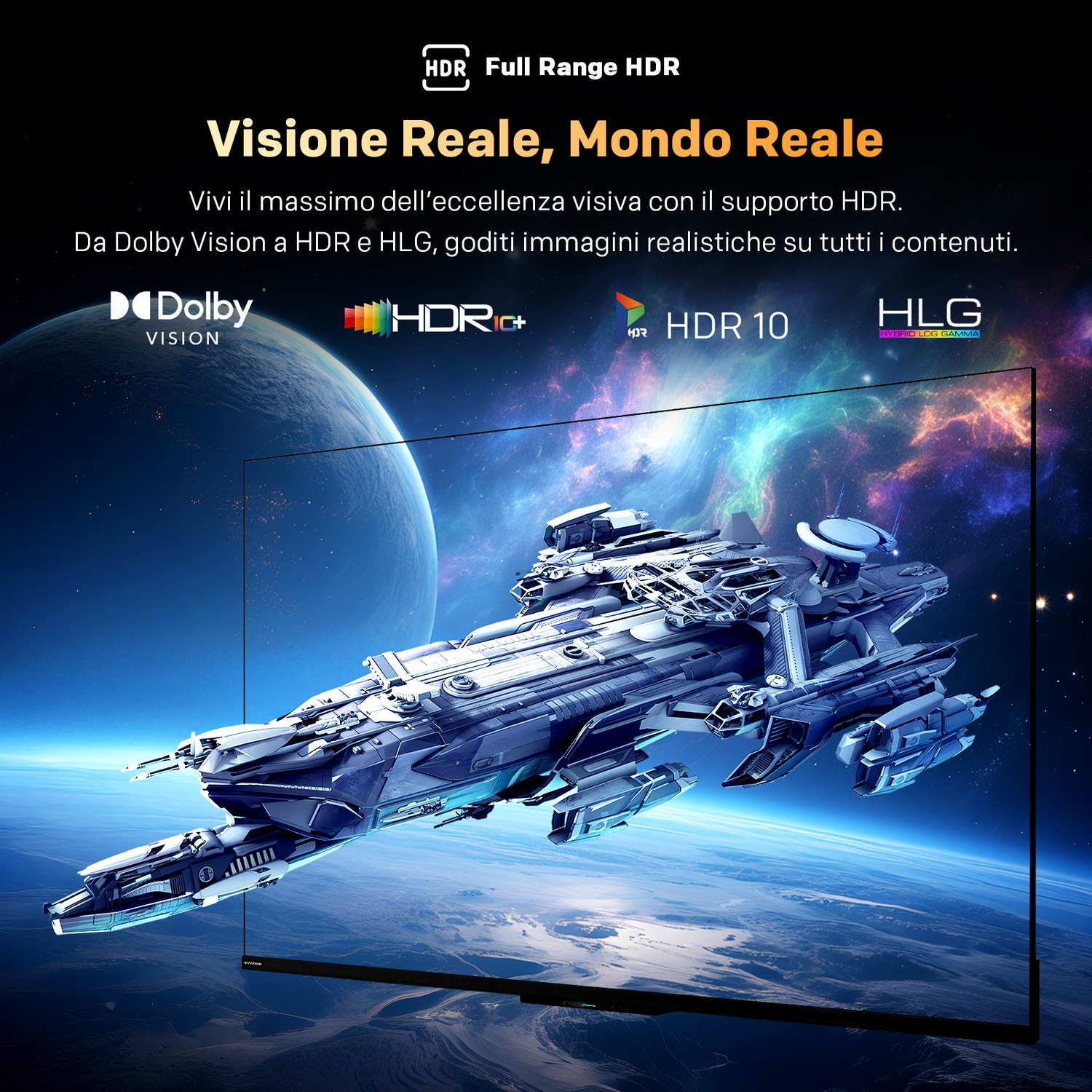 Una TV mostra una nave spaziale con loghi HDR sopra e testo in italiano.