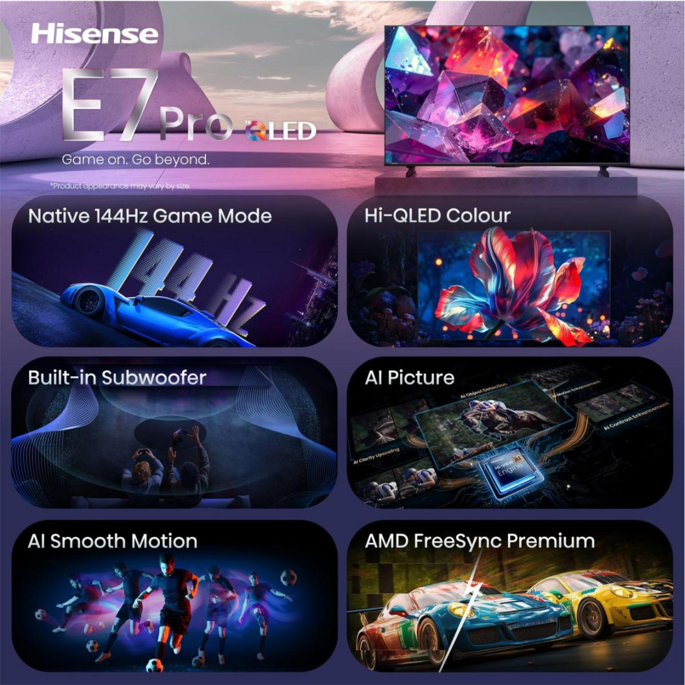 Pubblicità TV Hisense E7 Pro QLED con modalità di gioco, subwoofer e AMD FreeSync.