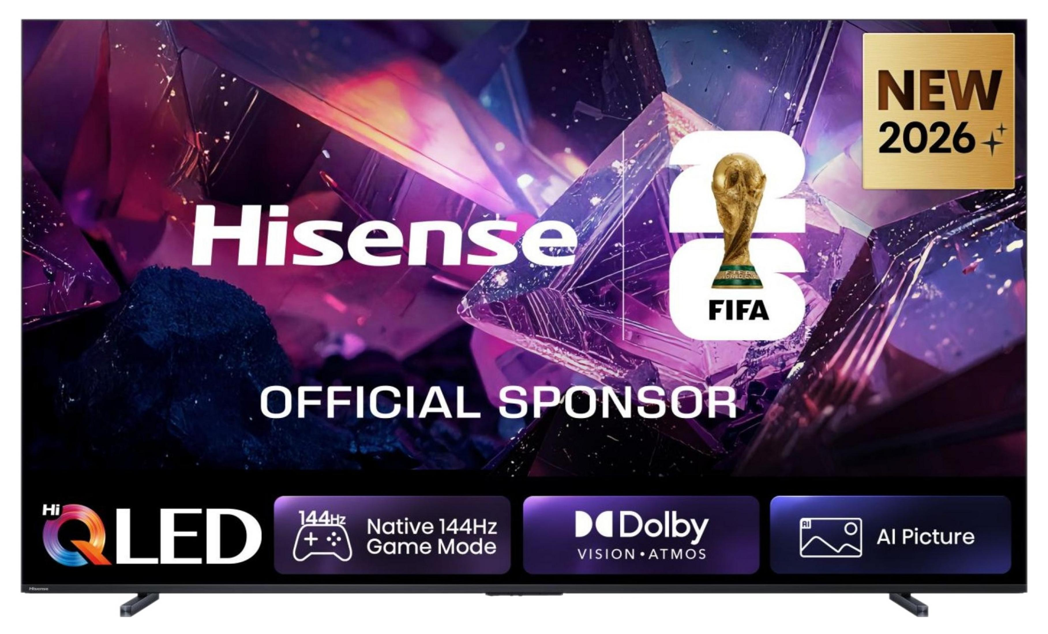 TV Hisense QLED, sponsor ufficiale 2026, con Dolby Vision Atmos e modalità di gioco a 144Hz.