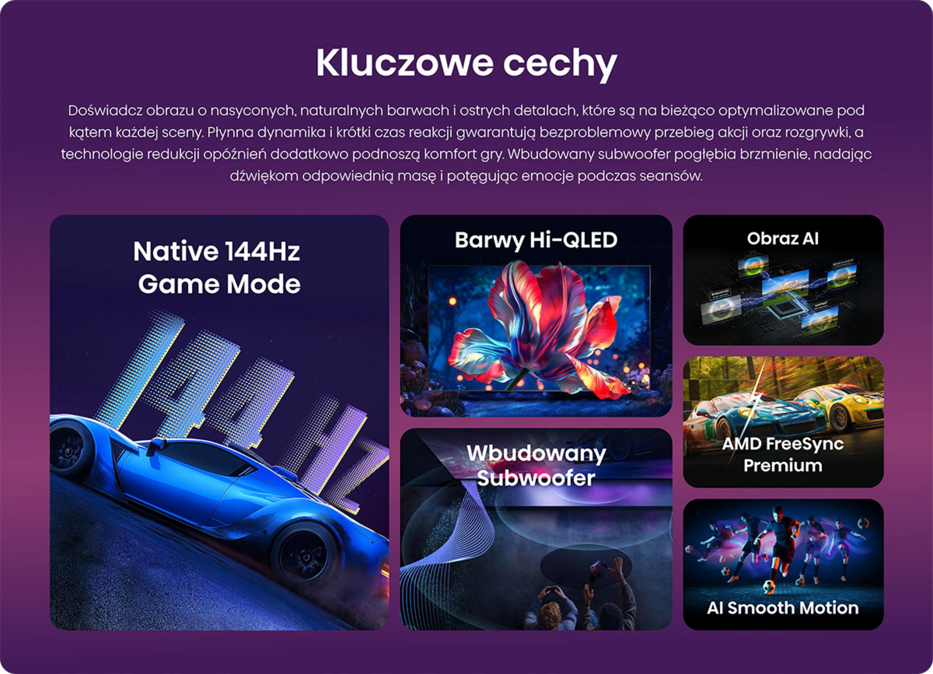 Le caratteristiche mostrano Modalità Gioco 144Hz, colori Hi-QLED, Immagine IA, subwoofer e AMD FreeSync.