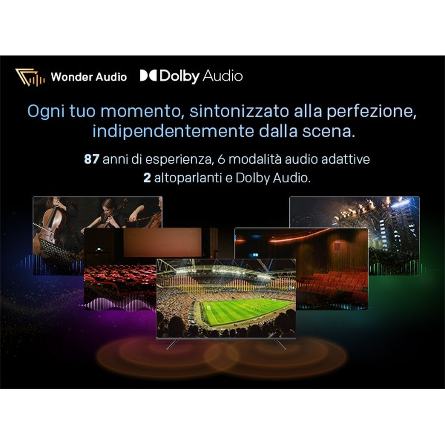 Promozione Wonder Audio e Dolby Audio con testo e più immagini TV su sfondo nero.