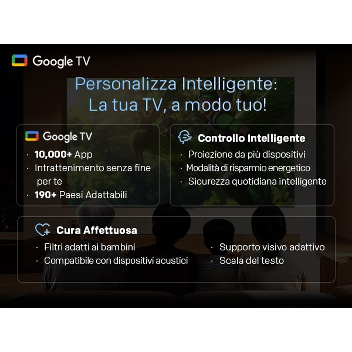 Schermo Google TV con funzioni come Google TV, controllo intelligente e cura affettuosa in italiano sopra una famiglia.