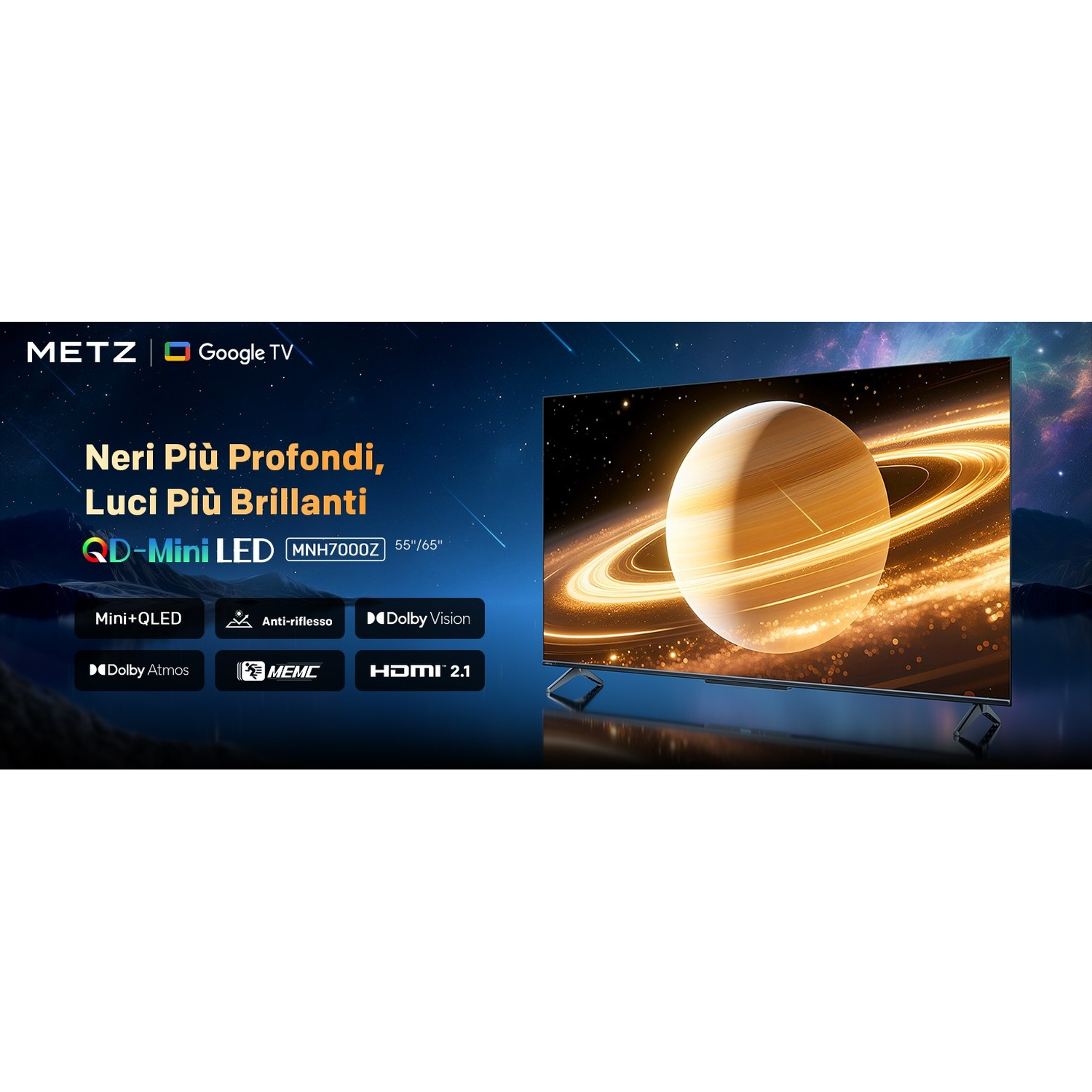 Metz Google TV con display QD-Mini LED che mostra un pianeta nello spazio.
