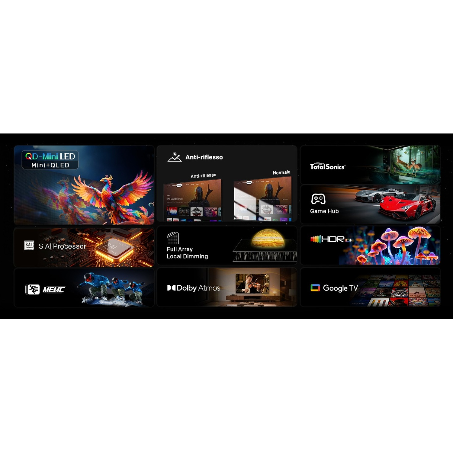 Infografica che mostra funzioni TV come QD-Mini LED, antiriflesso, processore IA, Dolby Atmos e Google TV.
