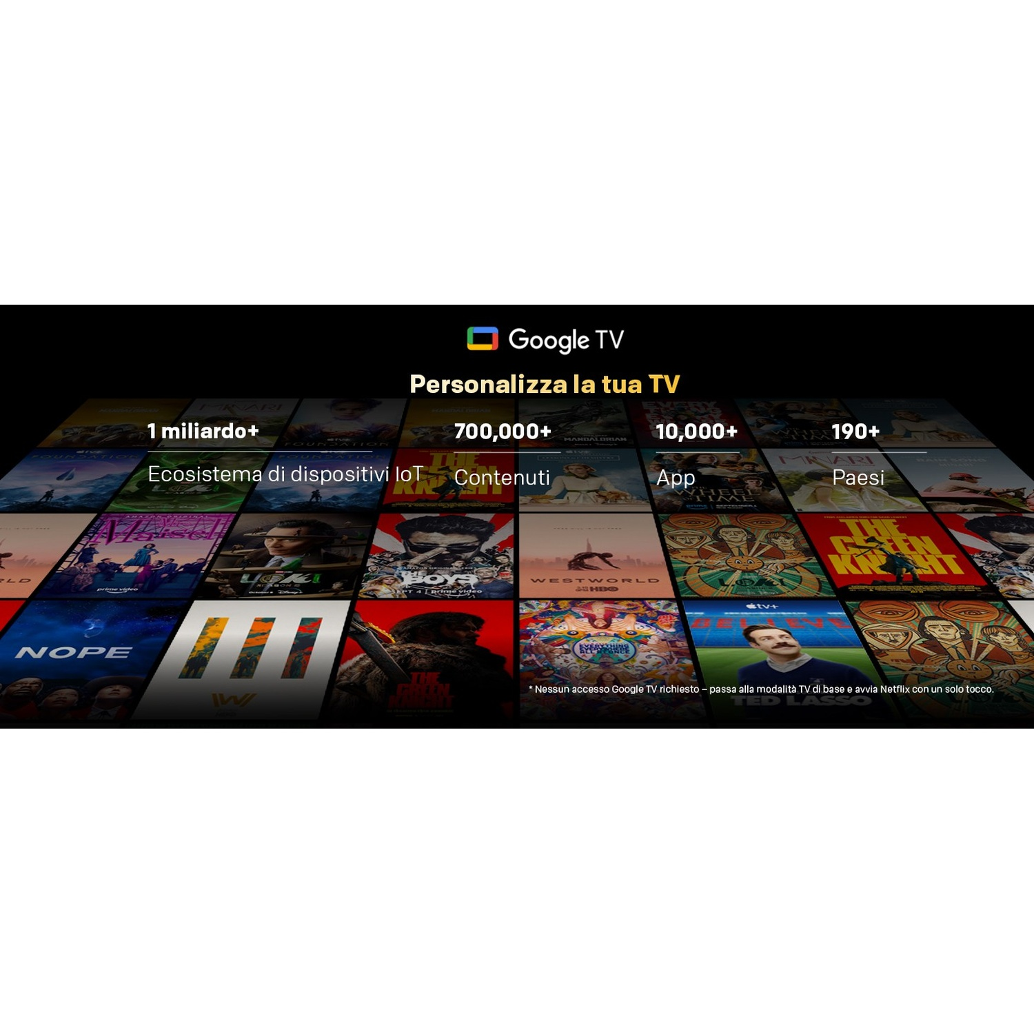 Interfaccia Google TV con poster di film e statistiche come oltre 1 miliardo di dispositivi IoT e 700k+ contenuti.