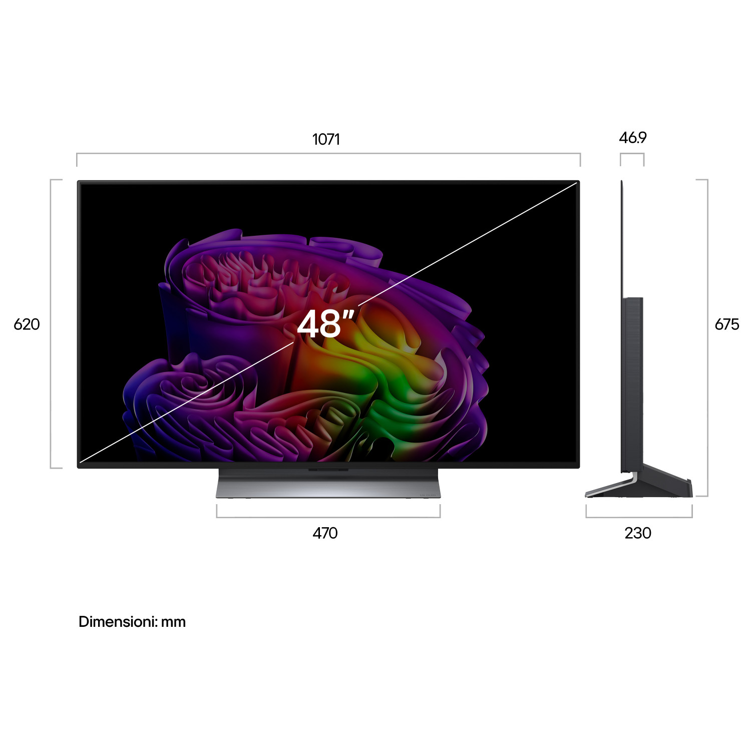 Disegno tecnico di un TV da 48 pollici con dimensioni in millimetri di altezza, larghezza e profondità.