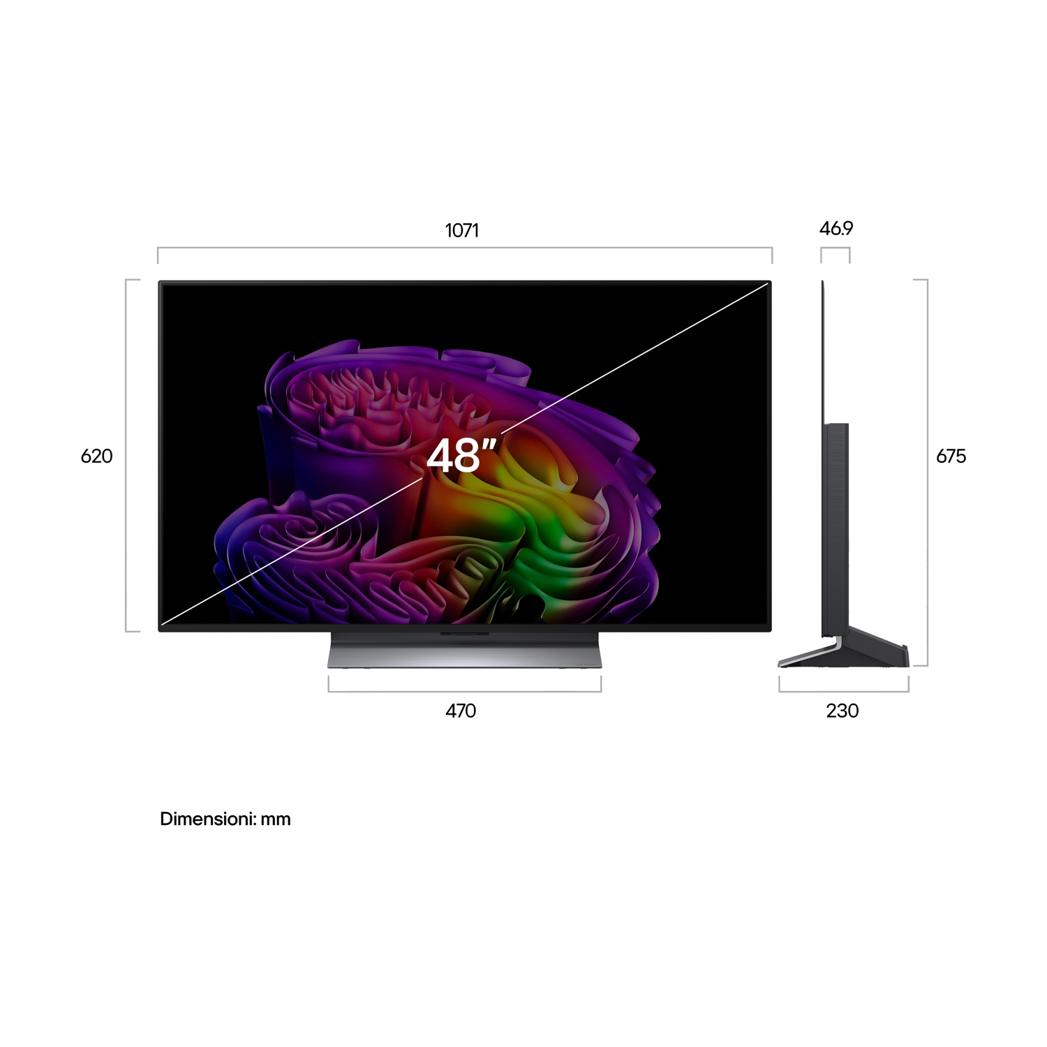 Schema di un televisore da 48 pollici con dimensioni in millimetri per vista frontale e laterale.