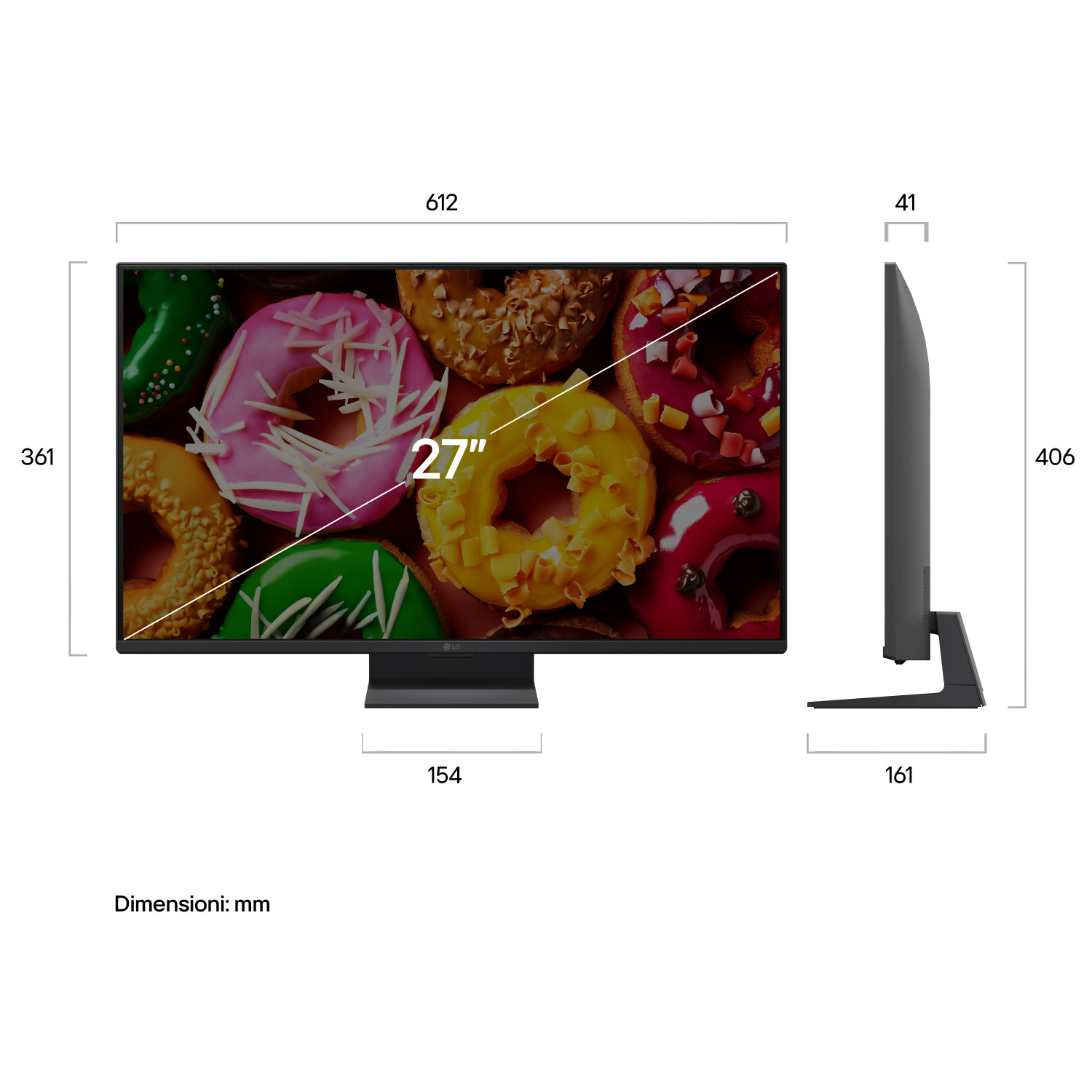 Schema di un monitor da 27 pollici con dimensioni in millimetri indicate per altezza, larghezza e profondità.