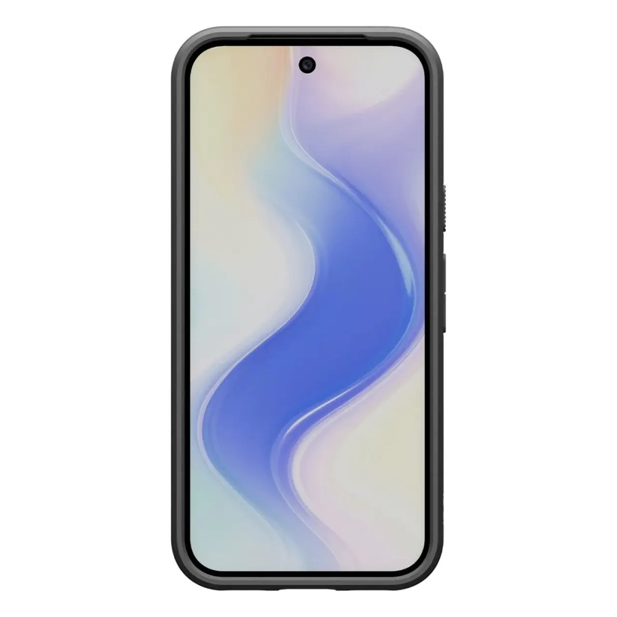 Een smartphone in een donker hoesje toont een abstracte blauwe, paarse en witte golvend achtergrond.