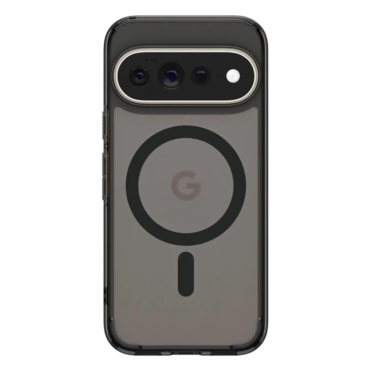 Parte trasera de un smartphone en una funda protectora mate con módulo de cámara horizontal y anillo MagSafe.