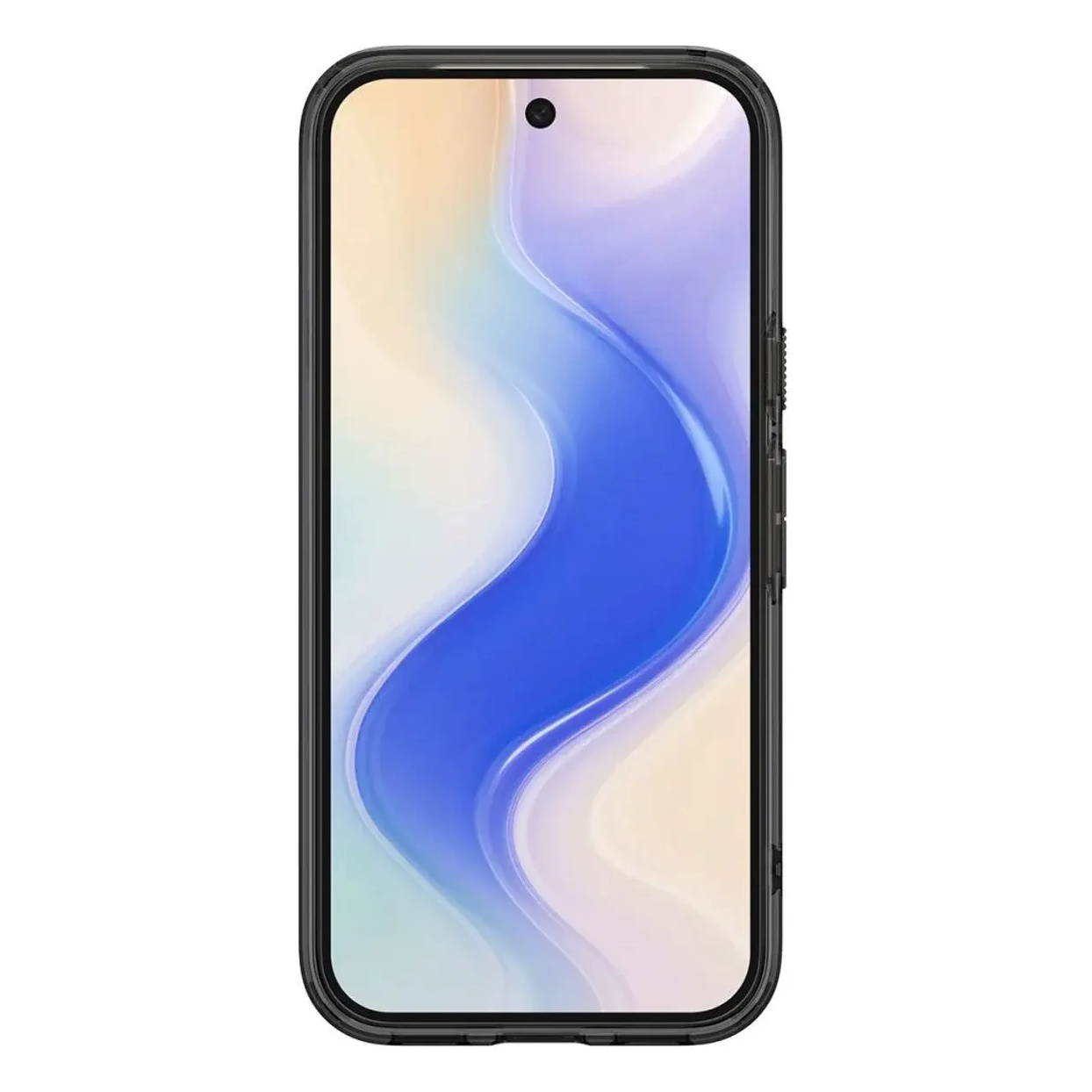 Un teléfono inteligente negro que muestra un fondo de pantalla abstracto de ondas azules y blancas.