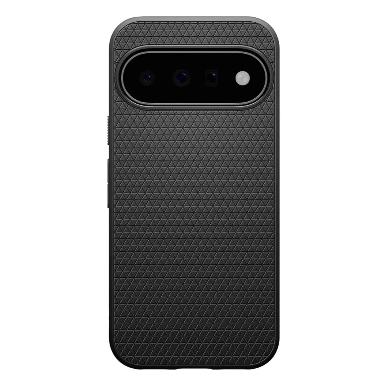Een zwarte smartphonehoes met driehoekig patroon en horizontale camera-uitsparing.