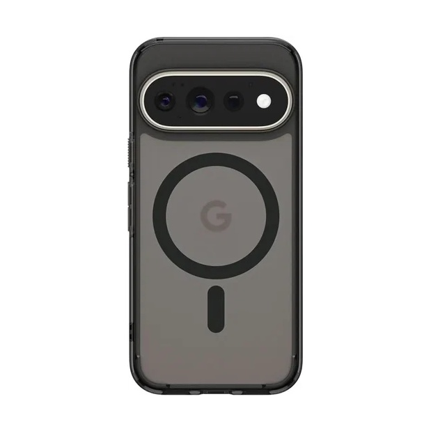 Parte trasera de un smartphone negro con un soporte MagSafe redondo y un módulo de cámara horizontal.