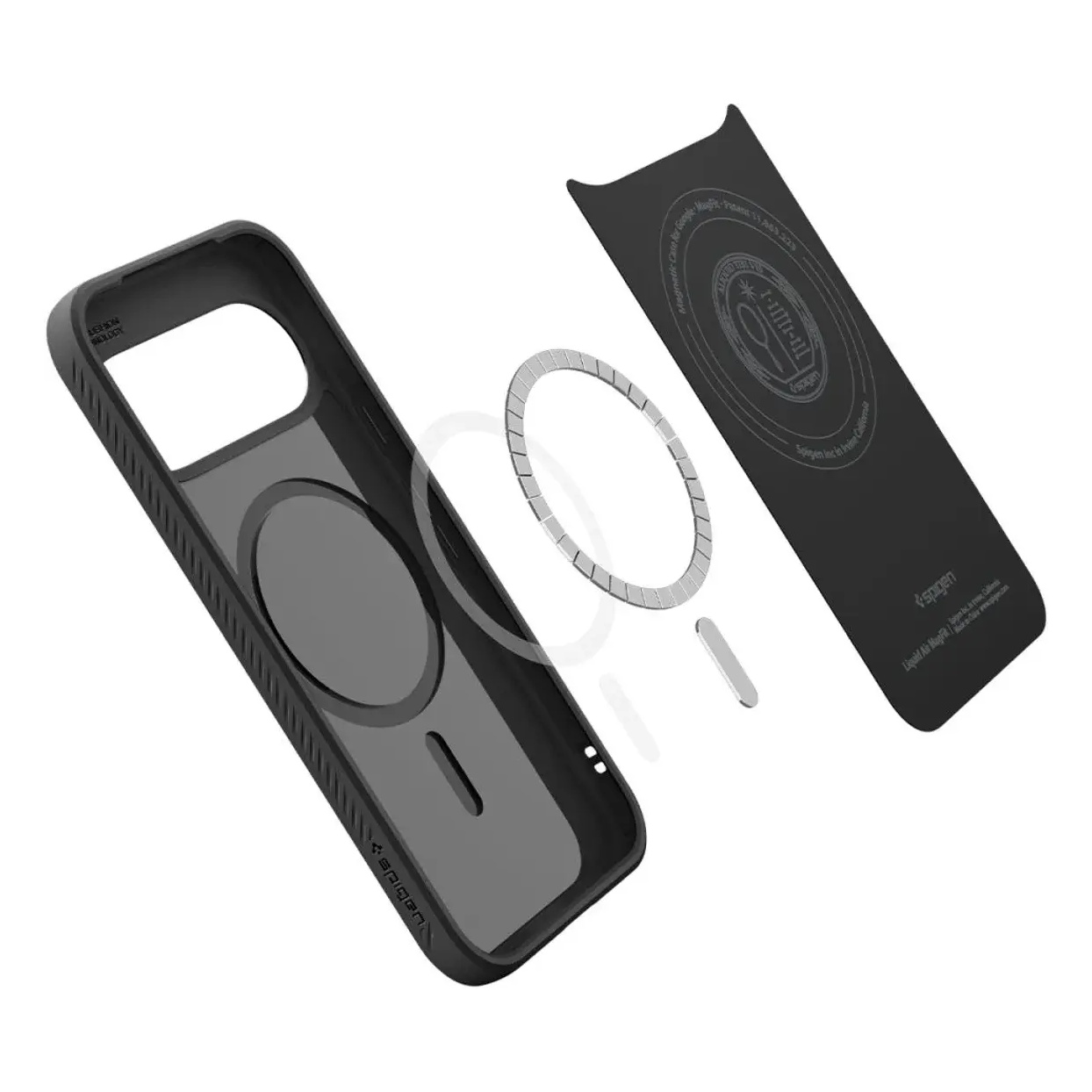 Zwarte telefoonhoes met ingebouwde ronde magnetische ring en aparte zwevende componenten.