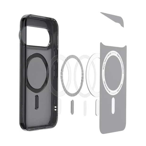 Fundas para smartphone negras con anillo magnético, mostradas desarmadas en sus componentes.